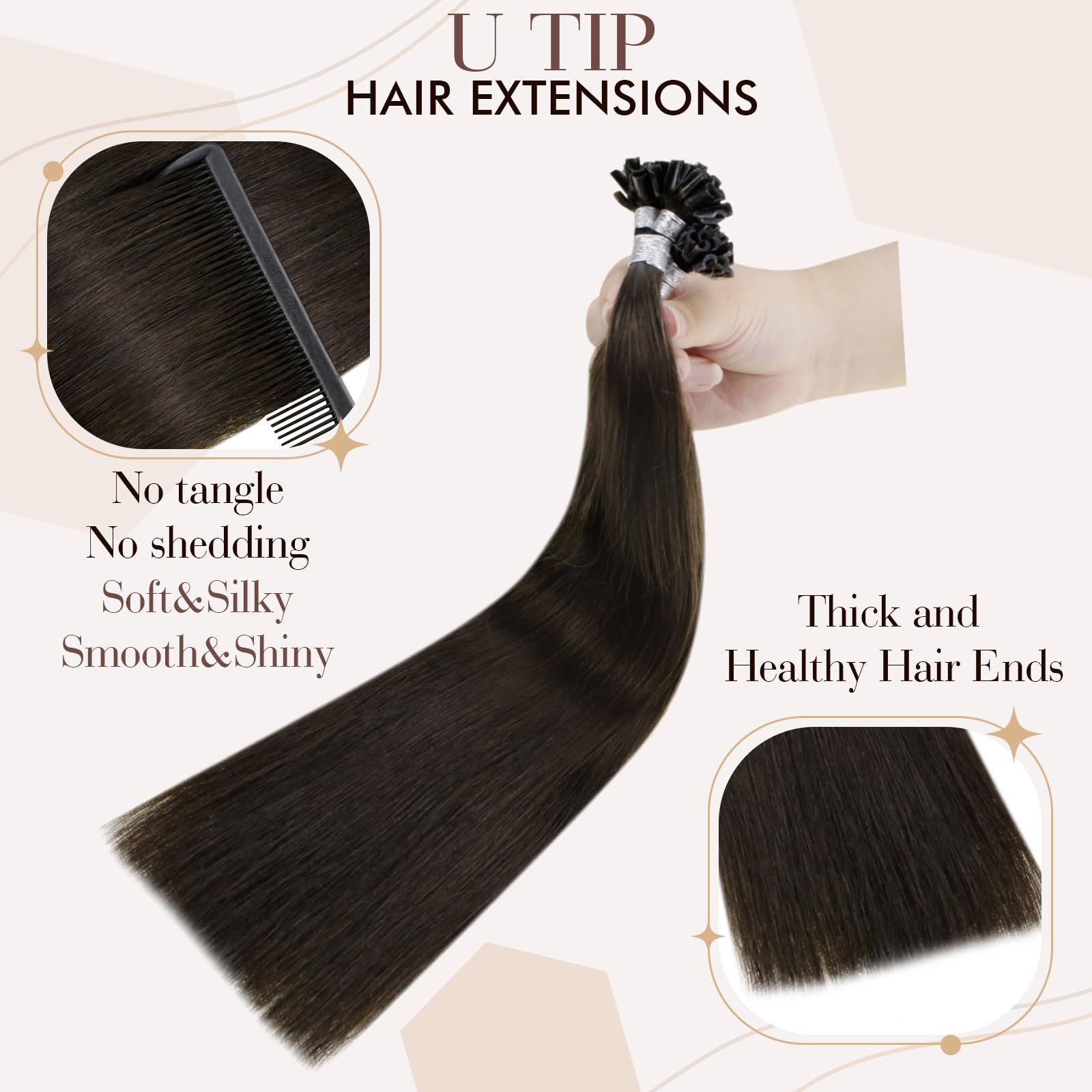 Hetto U Tip Hair Extensions Human Hair #2 Darkest Brown K Tip Extensions Pre Bonded Keratin Tip Extensions Remy Hair 16 Inch 50