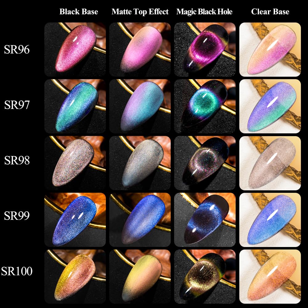 MEET ACROSS 9D Cat Eye Gel Nail Polish Set, 7 Piece Kit, Starry Sky Effect, 6 Colors, Includes Magnet Stick, Black