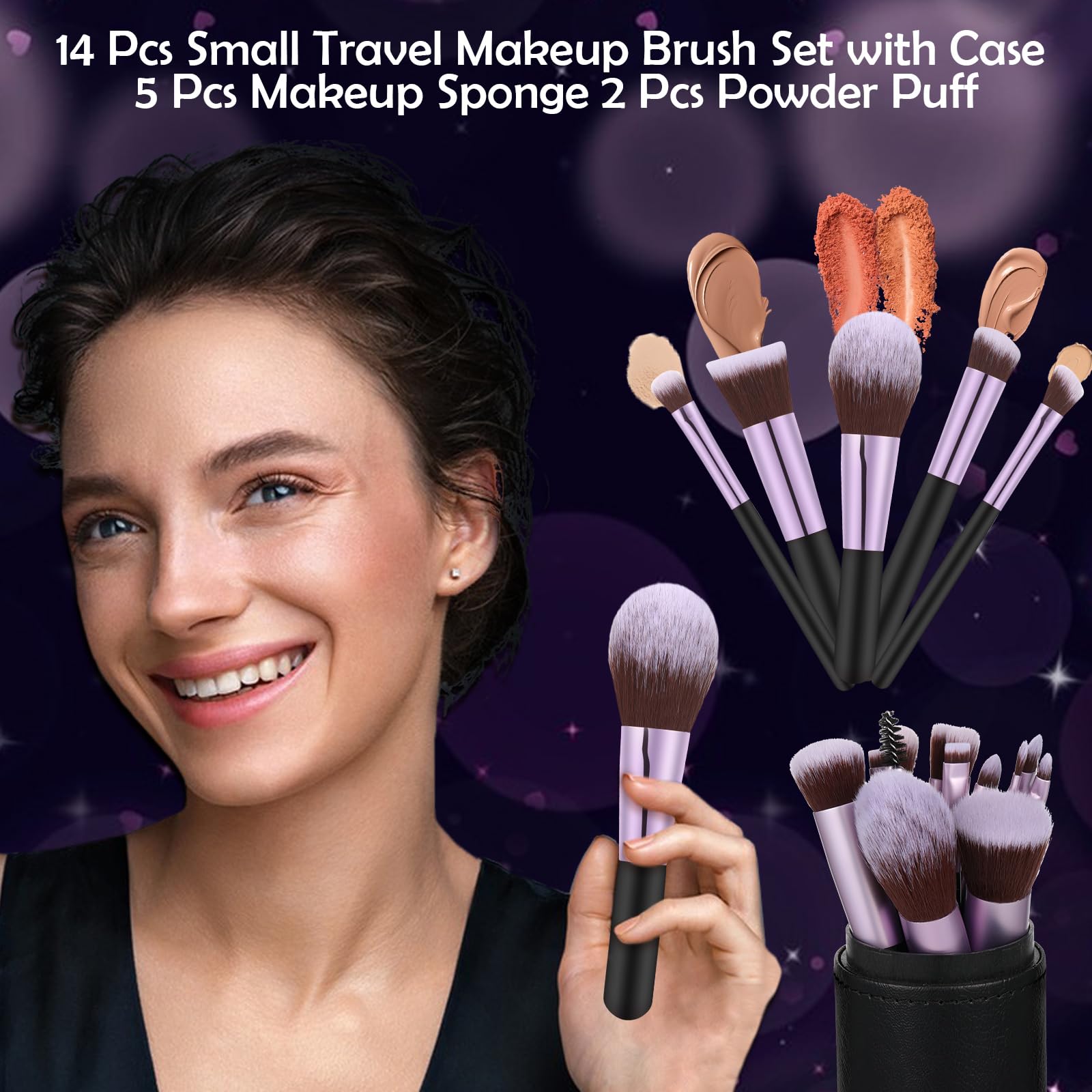 14 Pcs Travel Makeup Brush Set Portable Mini Makeup Brushes Make Up Brush With Case,5 Pcs Makeup Sponge Mother'S Day Gift For Fo