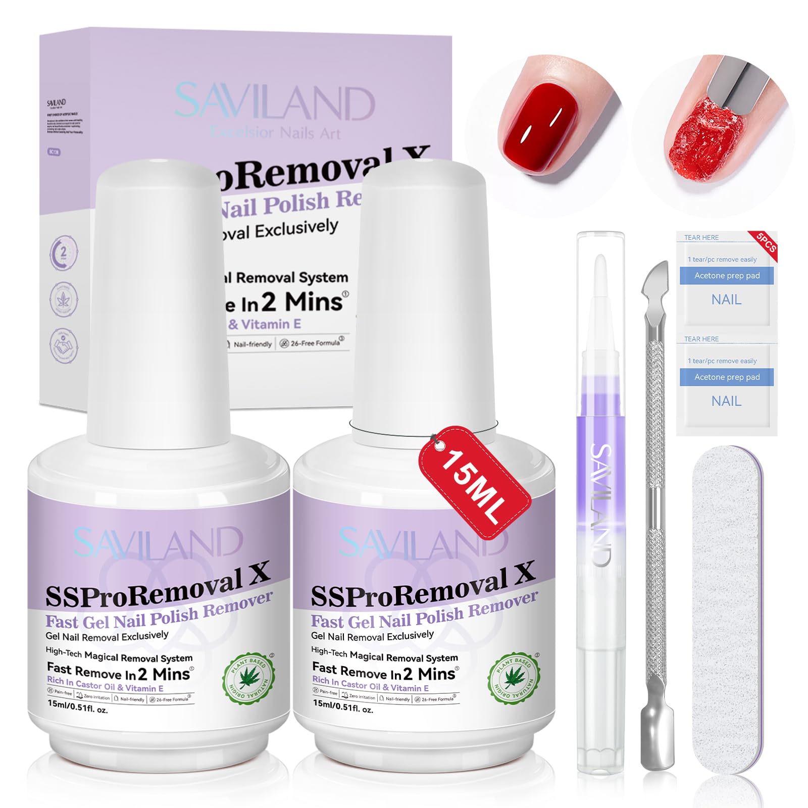 SAVILAND Gel Nail Polish Remover Kit: 2-Min Fast SSProRemoval X Gel Polish Remover Castor Oil & VE Gel Remover with Cuticle Oil 