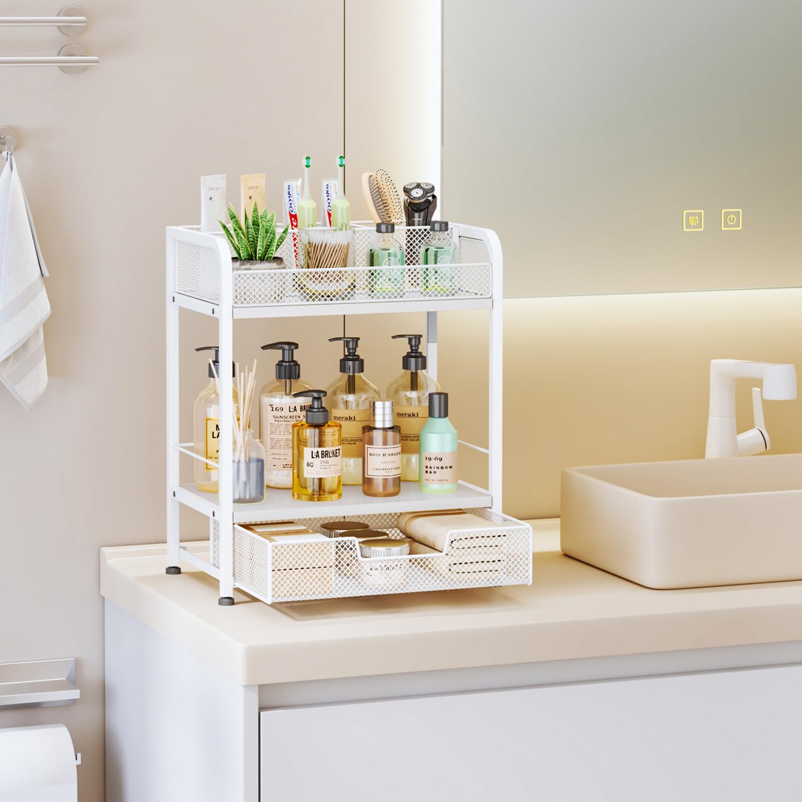HapiRm Makeup Organizer Countertop with Drawer - Large Capacity Vanity Organizer with Dividers, Bathroom and Bedroom Desk Cosmet