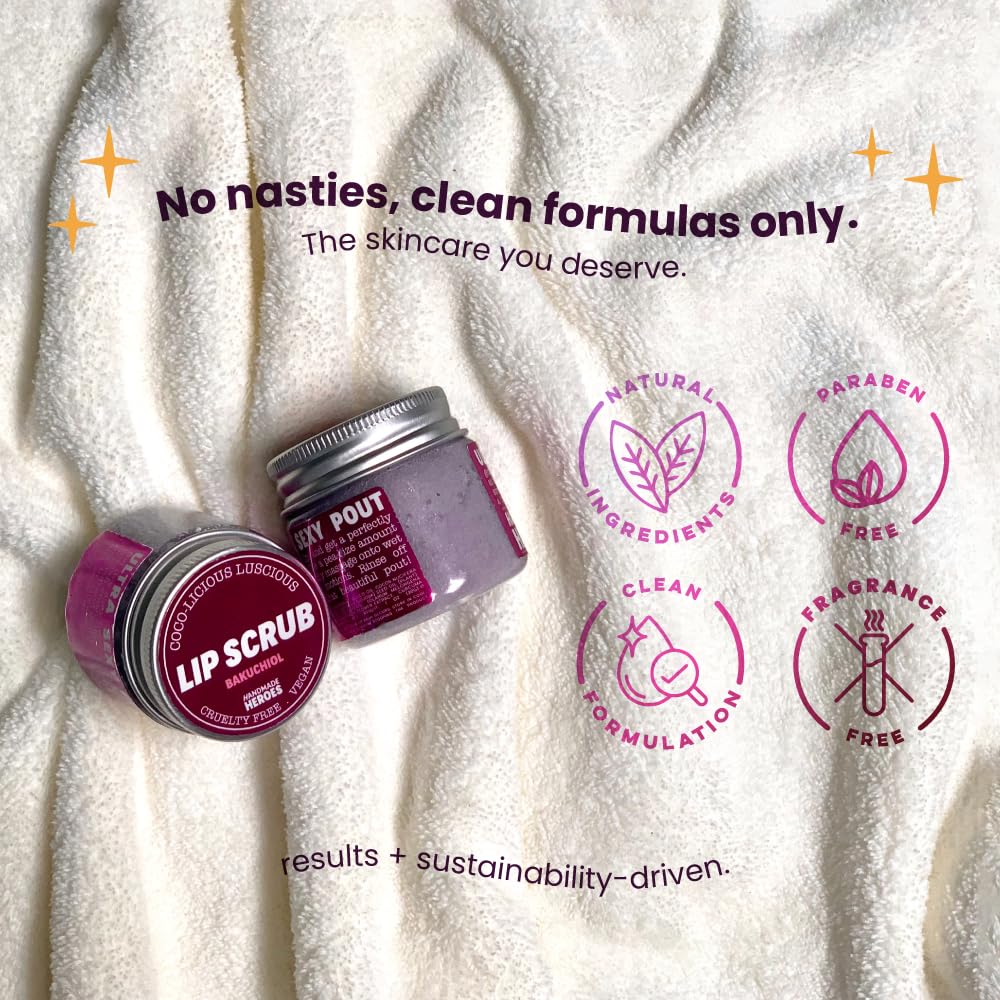 Handmade Heroes Bakuchiol Lip Scrub 1 Fl Oz | Deep Conditioning Lip Plumper Helps Reduce Fine Lines And Wrinkles Appearance | 10