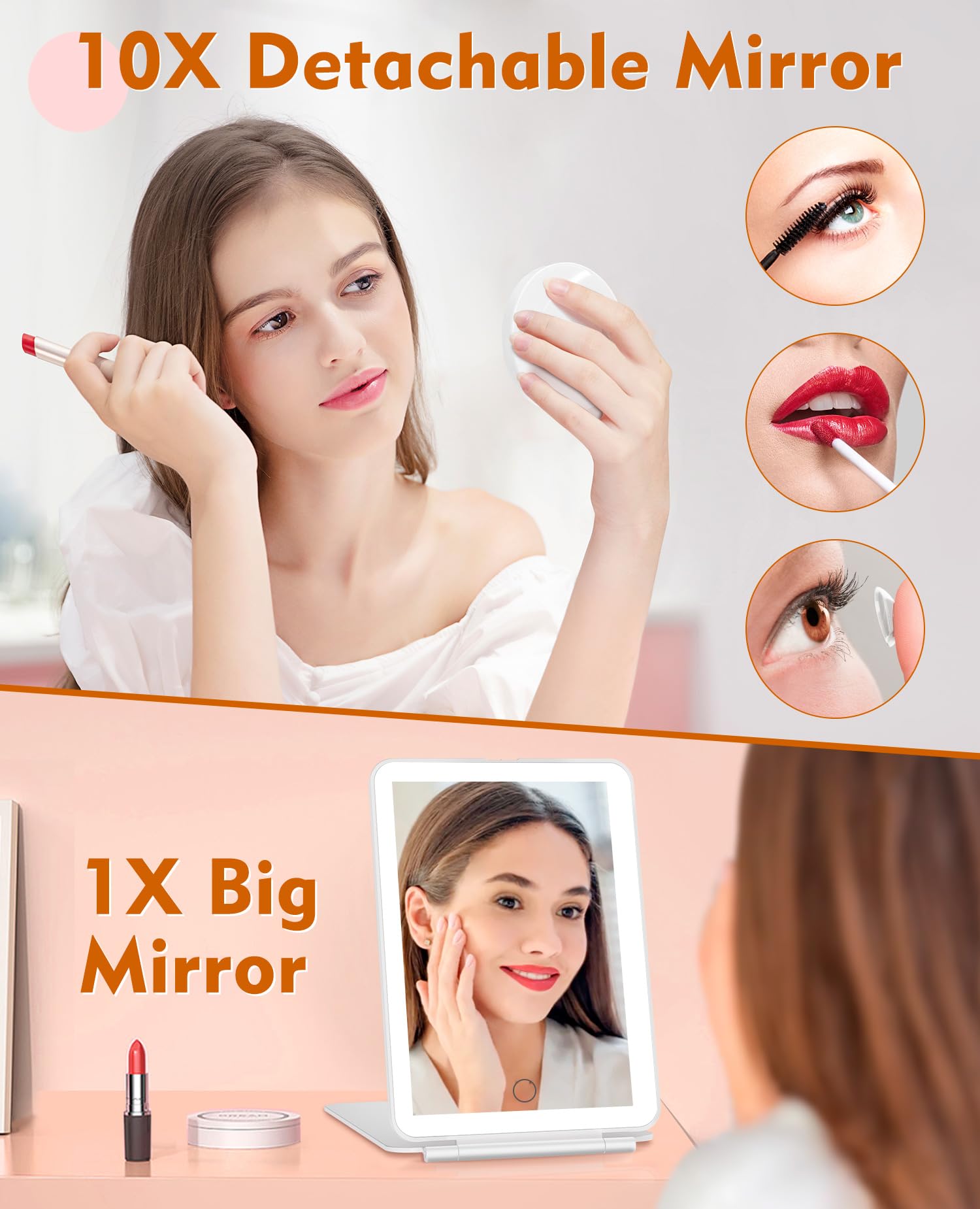 FUNTOUCH Rechargeable Travel Makeup Mirror with Lights and 10X Magnifying Mirror, Portable Lighted Vanity Mirror with 80 Led,200