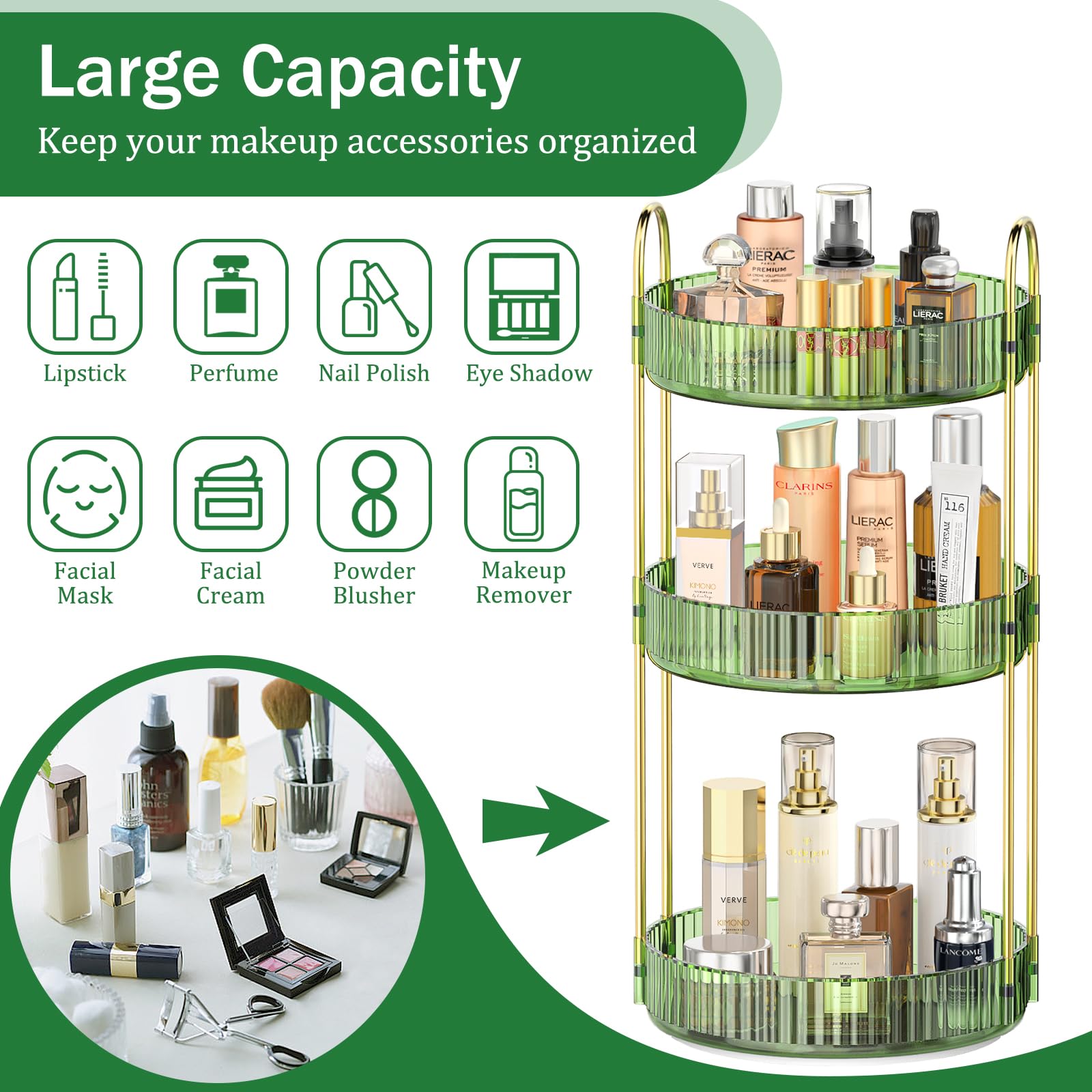 Mokani 360 Rotating Makeup Organizer for Vanity, 3 Tier Adjustable Perfume Organizer for Dresser, Multi-Function Spinning Cosmet