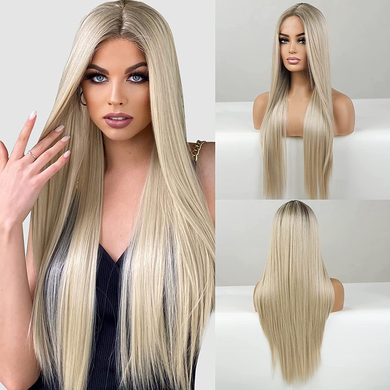 EMMOR Long Blonde Lace Front Wig for Women, 30 Inch Natural Hair Straight Synthetic Wigs Middle Part,Hand Tied/Longlife/Lightwei