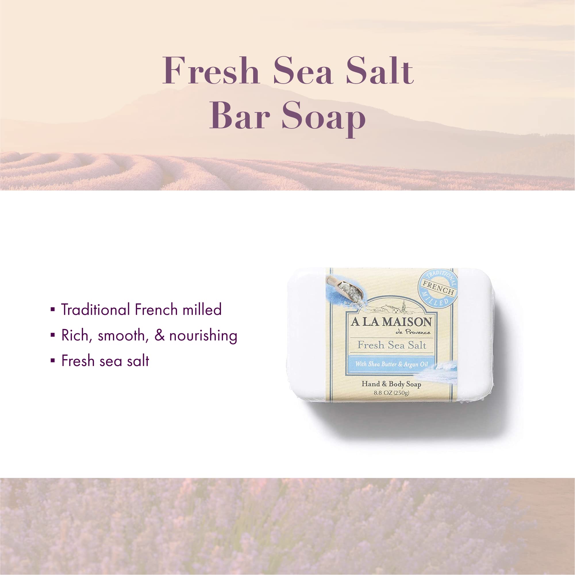 A La Maison Fresh Sea Salt Bar Soap - Triple French Milled Natural Moisturizing Hand Soap Bar (1 Bar Of Soap, 8.8 Oz)