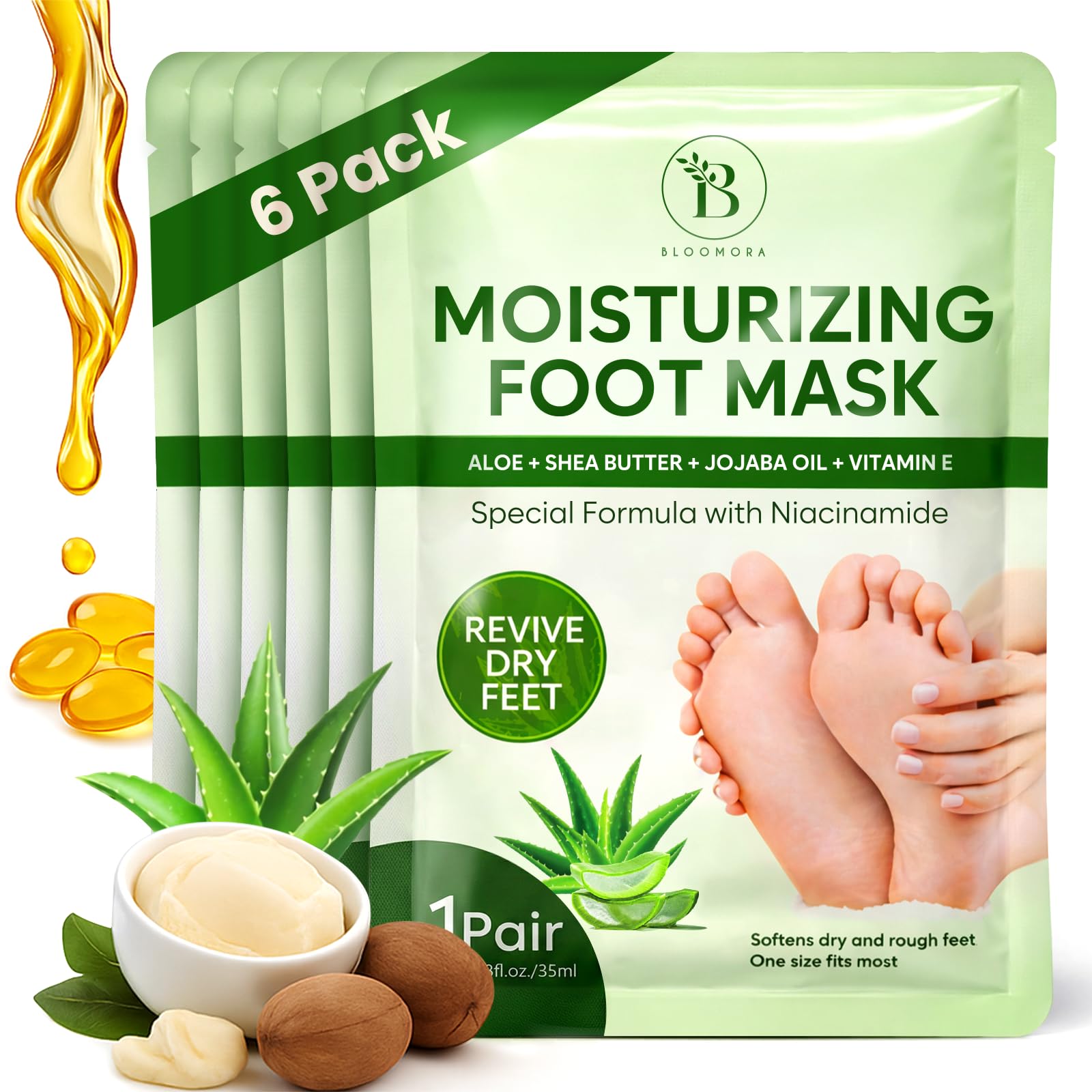 6 Pack Moisturizing Foot Mask for Dry Cracked Feet, Restoring & Hydrating Socks with Aloe, Shea Butter, Jojoba Oil & Vitamin E, 