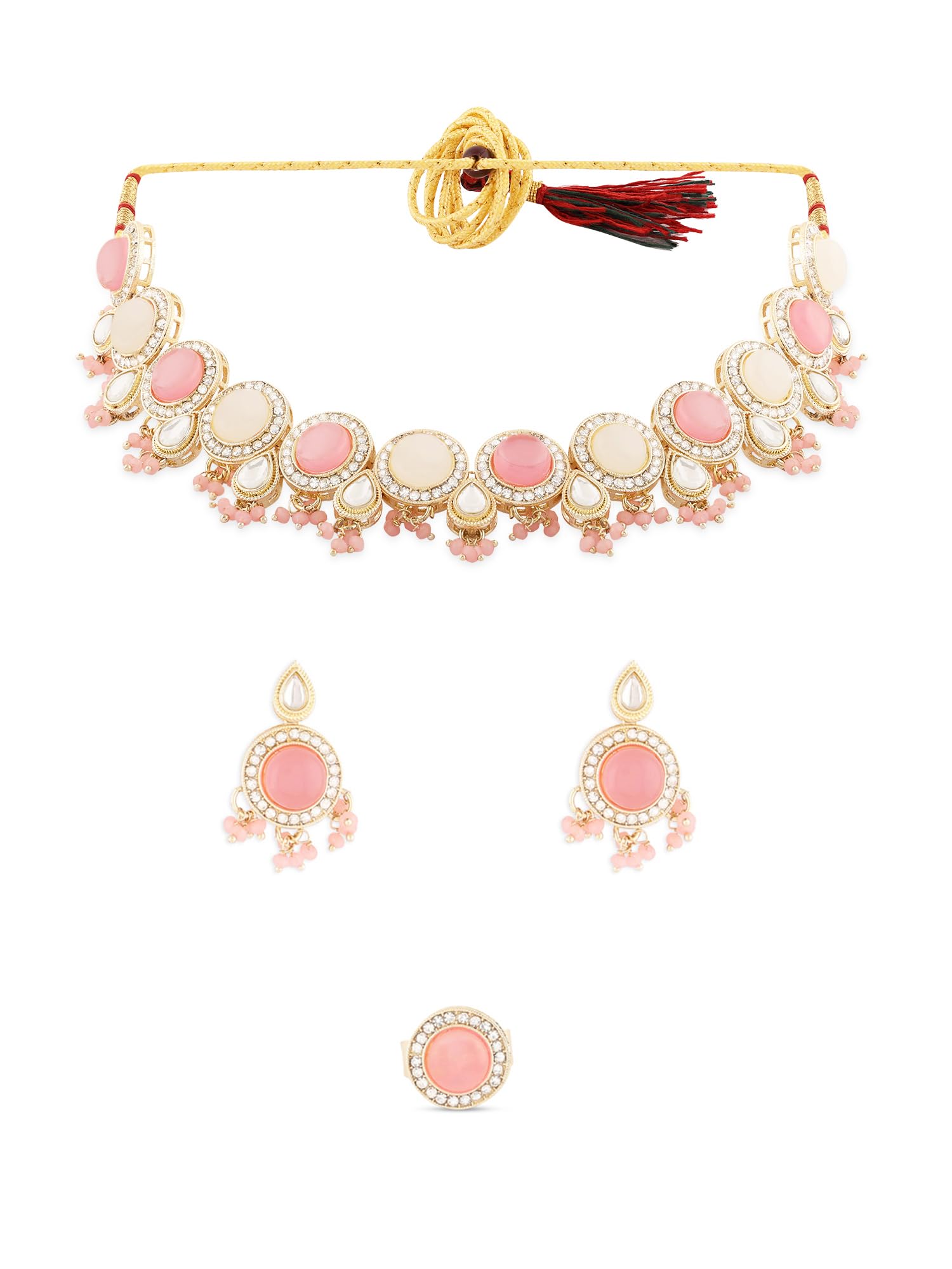 Zaveri Pearls Pink Kundan Dazzling Austrian Diamonds & Artificial Stones Embellished Necklace Earring & Ring Set For WomenZpfk1