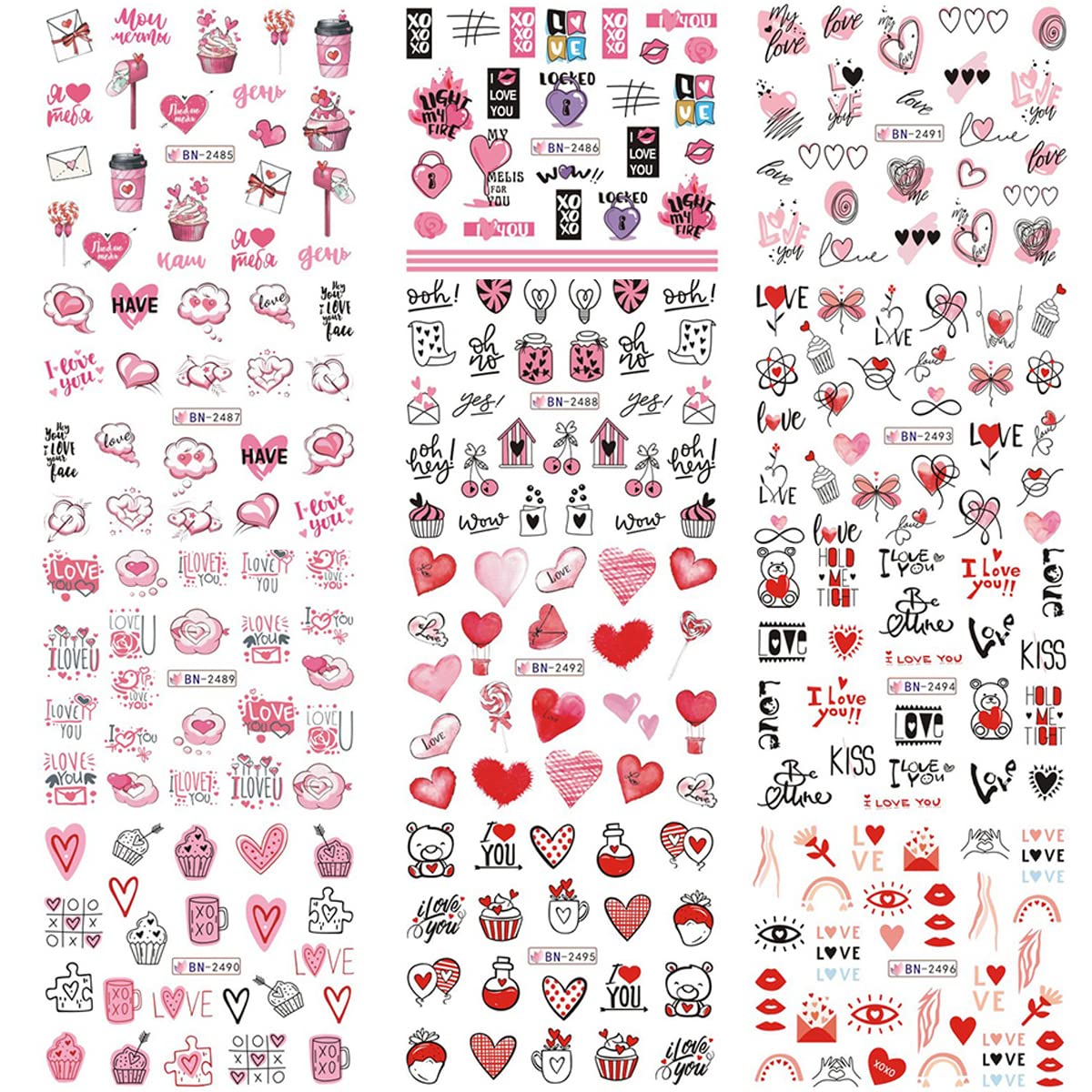 Valentine'S Day Nail Stickers Pink Heart Nail Decals I Love You Letters Water Decal Tattoos Manicure Foils Cartoon Animals Cute