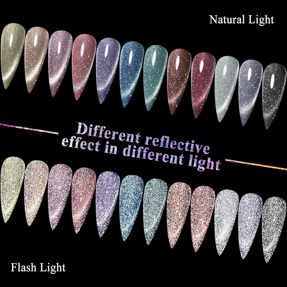 Mizhse Reflective Glitter Cat Eye Gel Nail Polish 7Ml, Sparkly Diamond Cateye Soak Off Gel Polish Magnetic Manicure Set For Nail