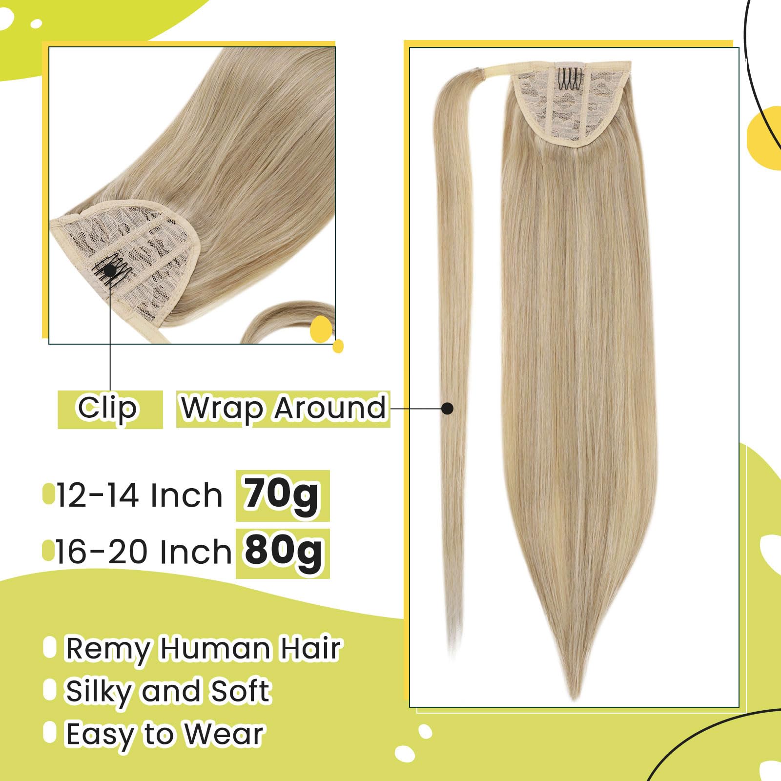 Runature 16 Inch Ponytail Extension Human Hair Blonde Clip In Ponytail Hair Extensions Straight Remy Pony Tails Hair Extensions