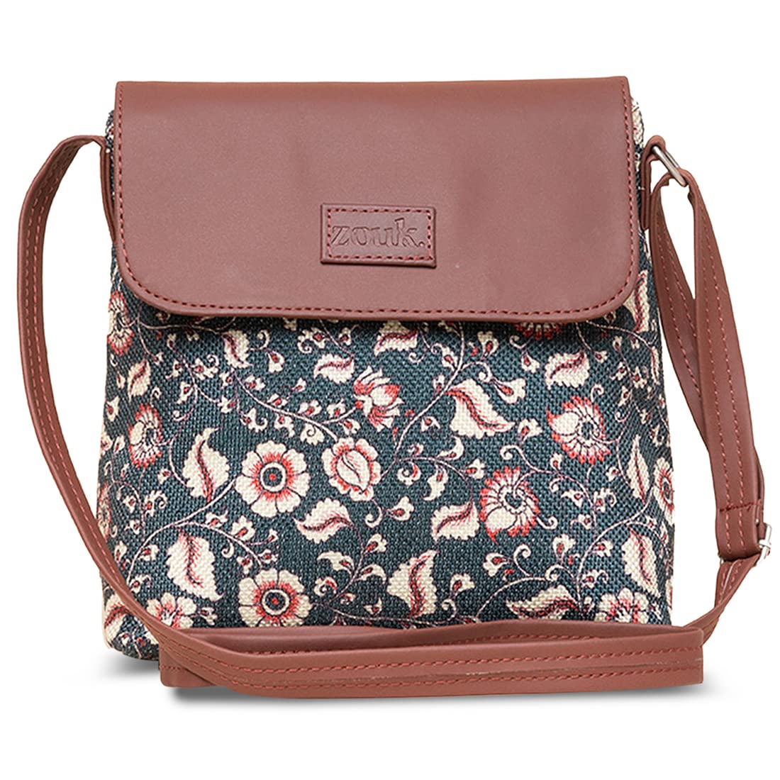 ZOUK Chittoor Blue Kalamkaari Floral Printed Womens Hand Crafted Vegan Leather Blue Flap Sling Bag