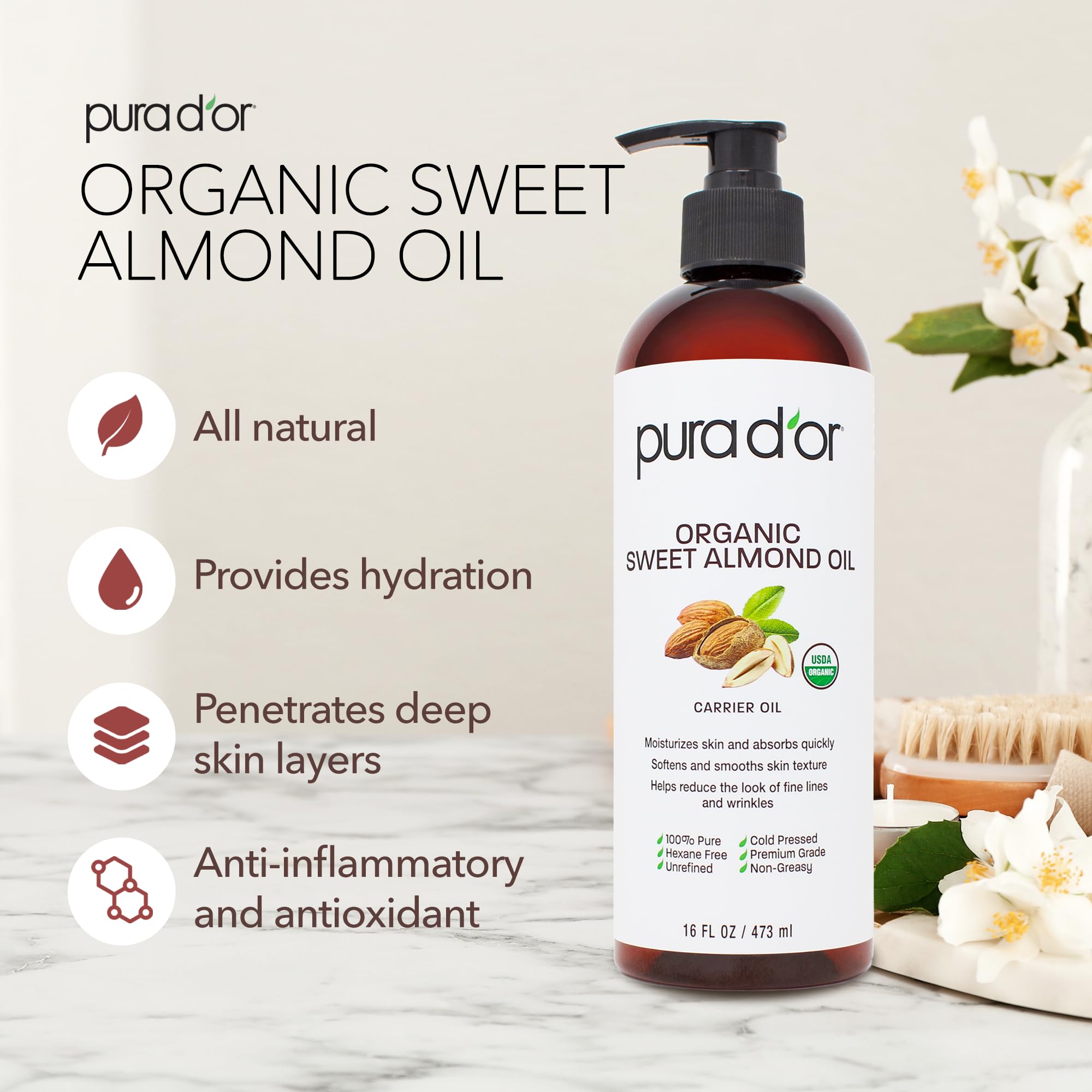 Pura D'Or 100% Pure 16Oz Organic Sweet Almond Oil - Usda Certified Massage Oil For Massage Therapy - Hexane Free Cold Pressed Bo