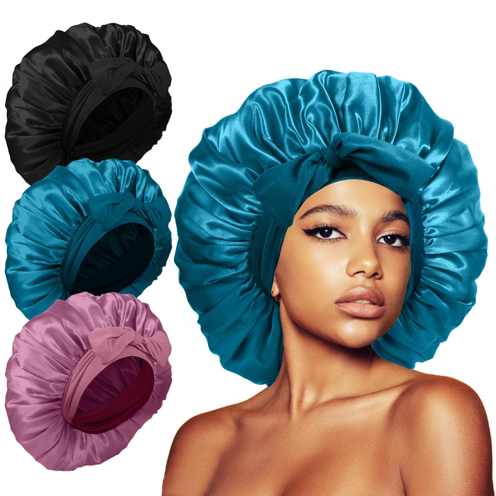 3Pcs Satin Bonnet Silk Bonnet For Sleeping, Extra Large Hair Bonnets For Sleeping With Tie Band Braids Showercap