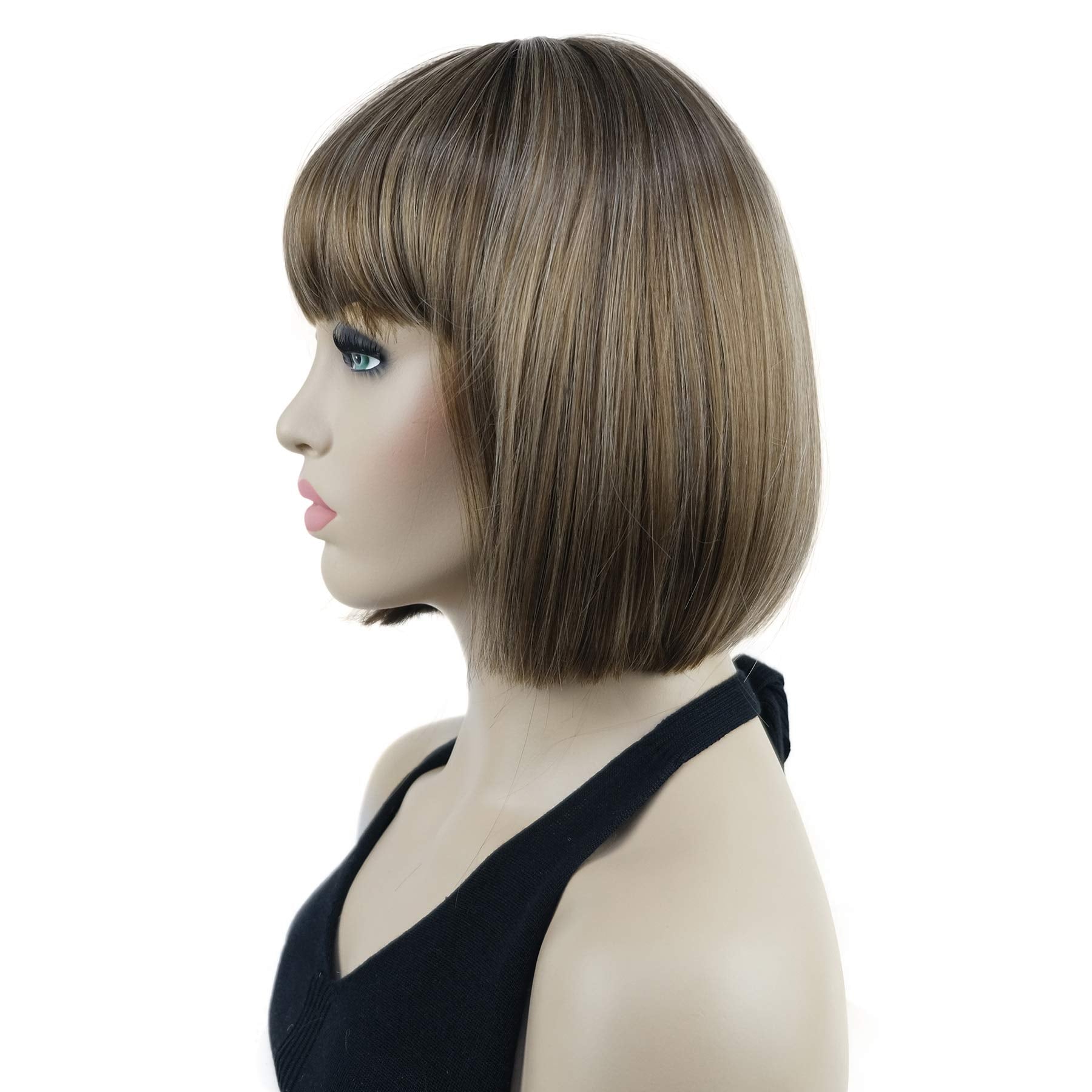 Lydell 8'' Straight Short Bob Hair Flat Bangs Cute Central Dot Skin Top Heat Resistant Synthetic Wigs (12Tt26 Light Golden Brown