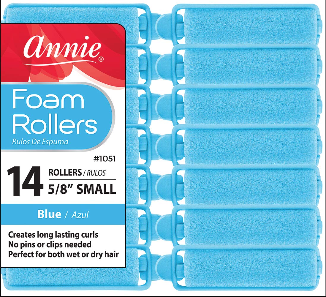 Annie Salon Style Small Foam Hair Rollers - 5/8 Blue - 14 Piece Set - Soft Heat-less Hair Curling Tools