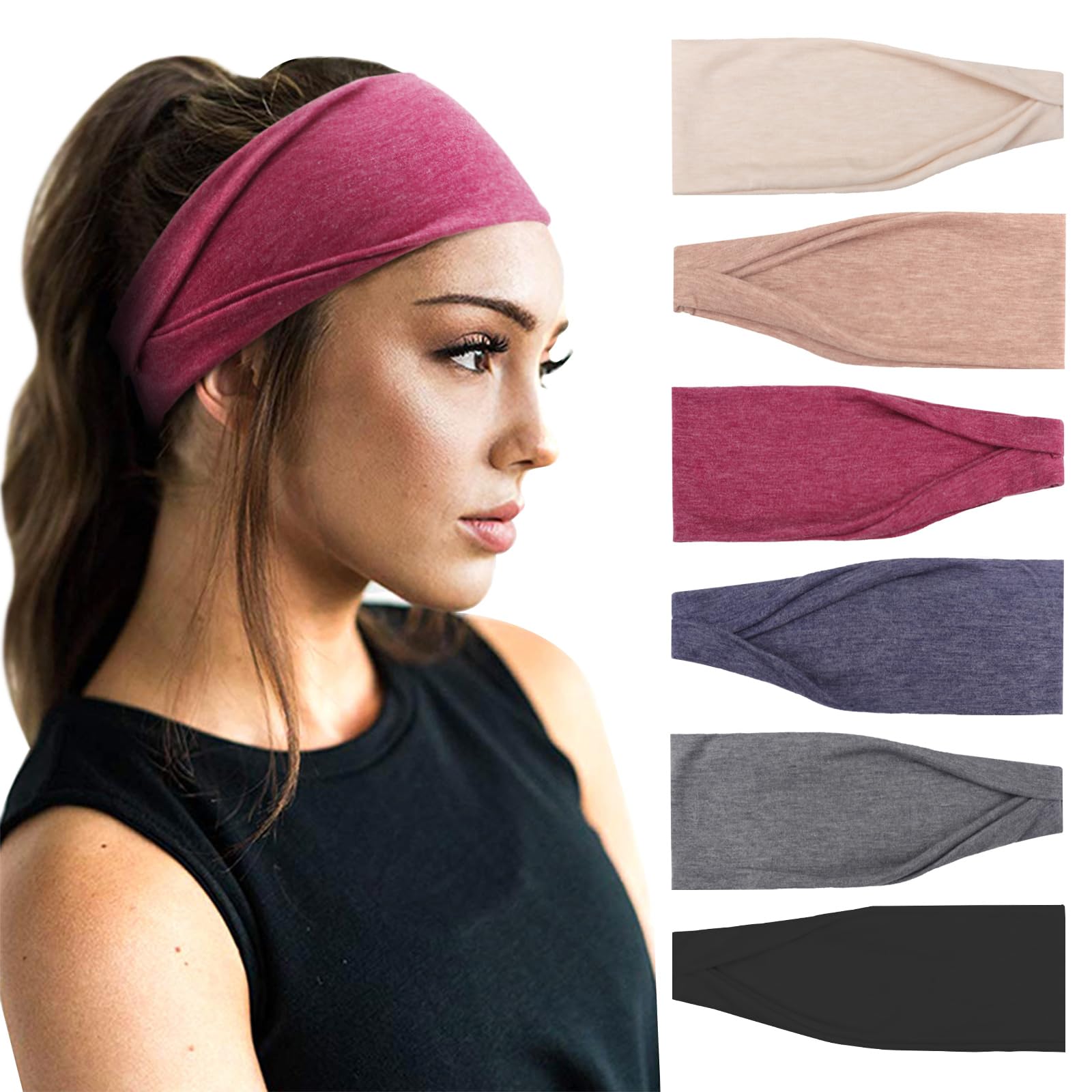 Dreshow 6 Pack Yoga Sports Headbands For Women Elastic Non-Slip Headbands Running Workout Hair Bands