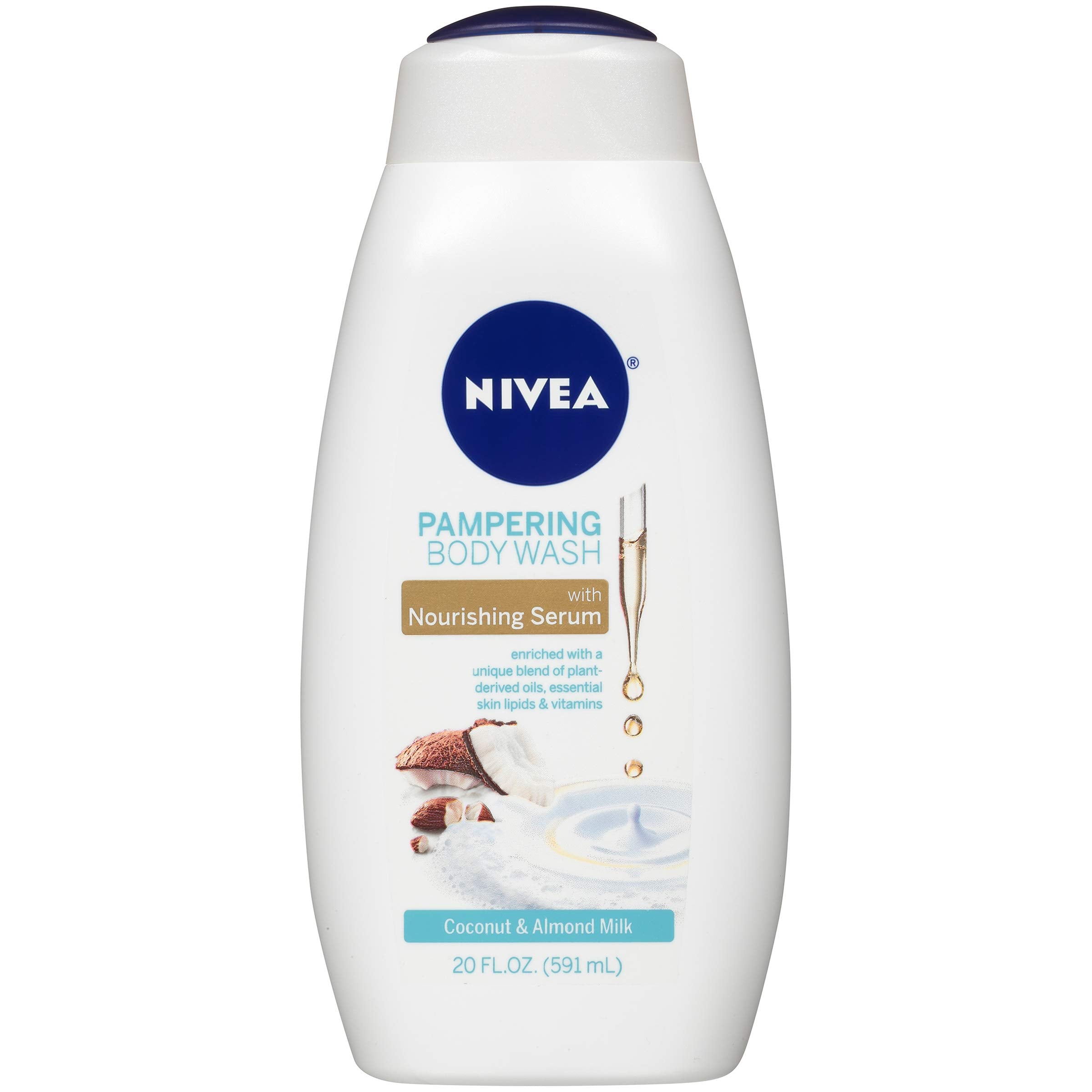 NIVEA Coconut and Almond Milk Pampering Body Wash, Moisturizing Body Wash with Nourishing Serum, Plant-Derived Oils, Essential S