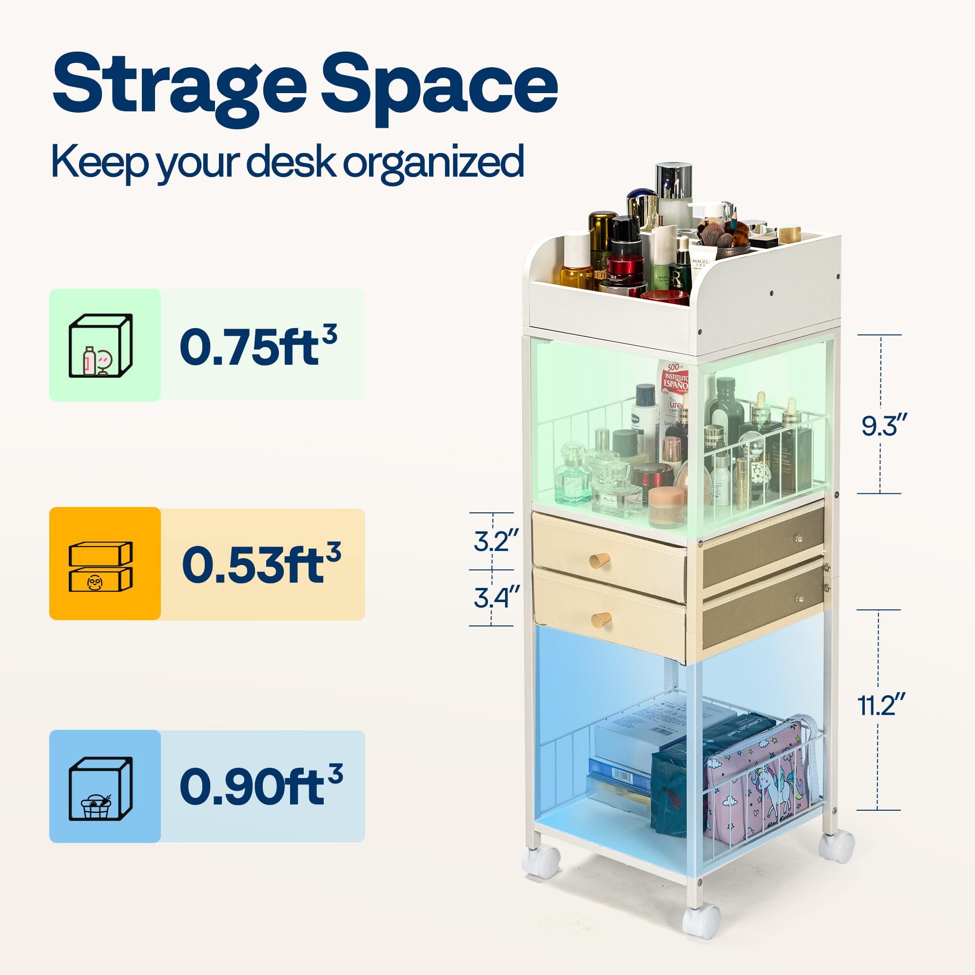 Vivohome Makeup Organizer With Drawers, Cosmetics Display Cases, 2 Shelves Floor Skincare Organizer Cart, Vanity Organizer Holde