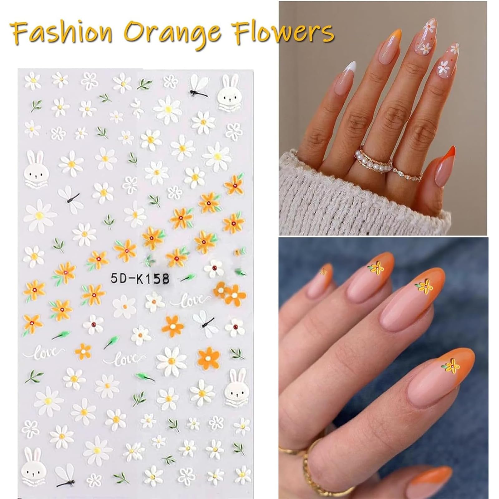 Votacos Flower Nail Art Stickers Decals 5D Embossed Nail Decals Spring Summer Daisy Nail Art Design Self-Adhesive Nail Supplies