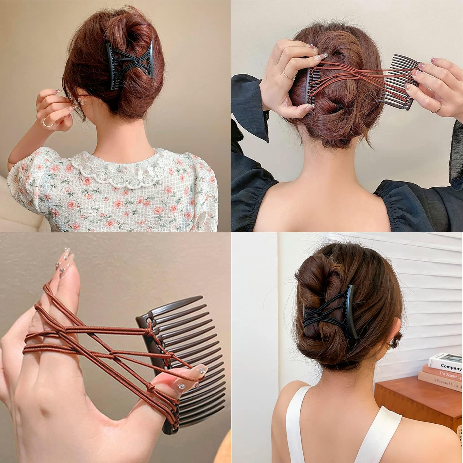 6 Pieces Stretchy Double Hair Combs - Magic Adjustable Elastic No Crease Bun Maker Accessories For Women'S Curly, Thick, Wavy Ha