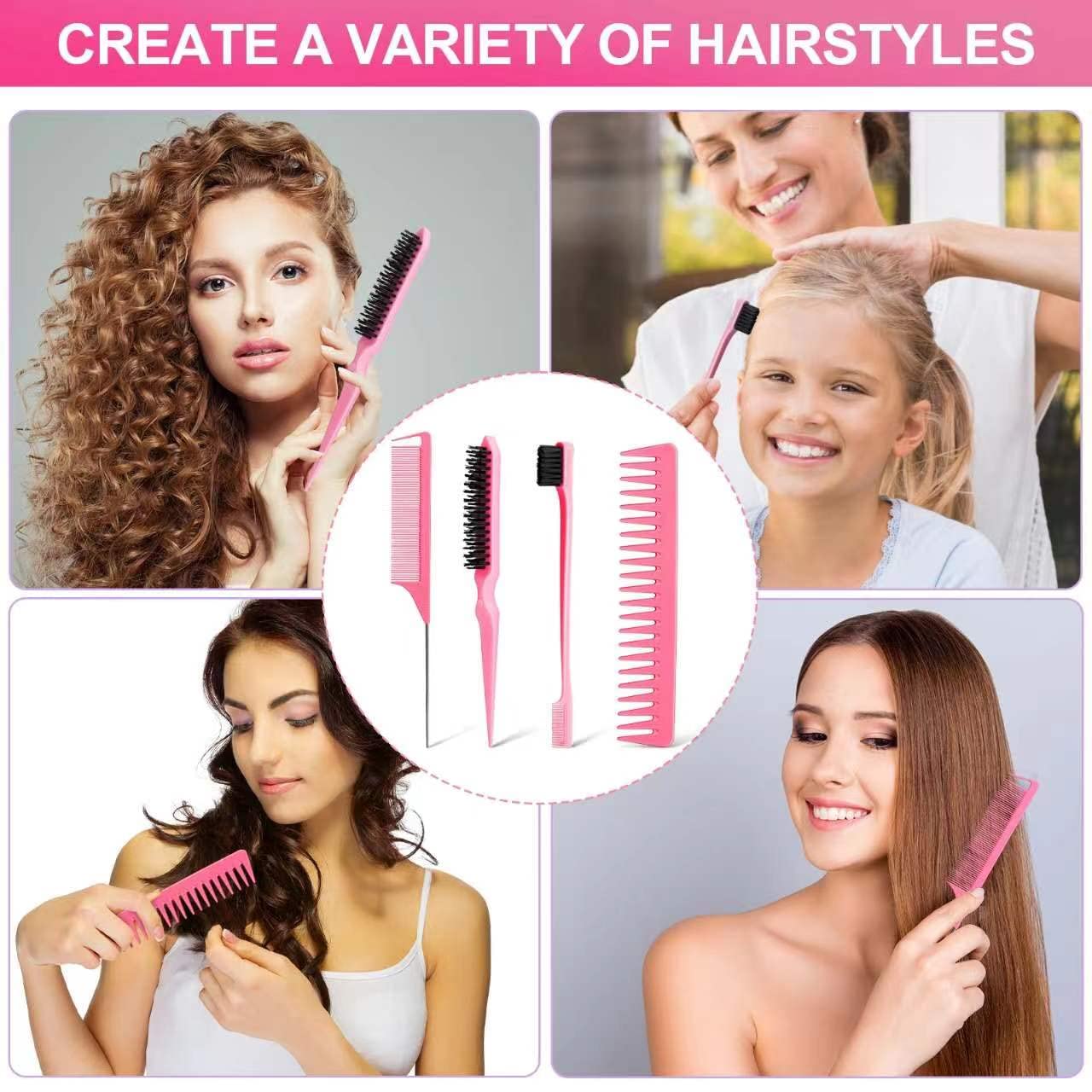 Anmieciu Hair Comb Set, 4Pcs Bristle Hair Edge Brush, Teasing Brush Comb, Rat Tail Comb And Wide Tooth Comb For Women Girls Men