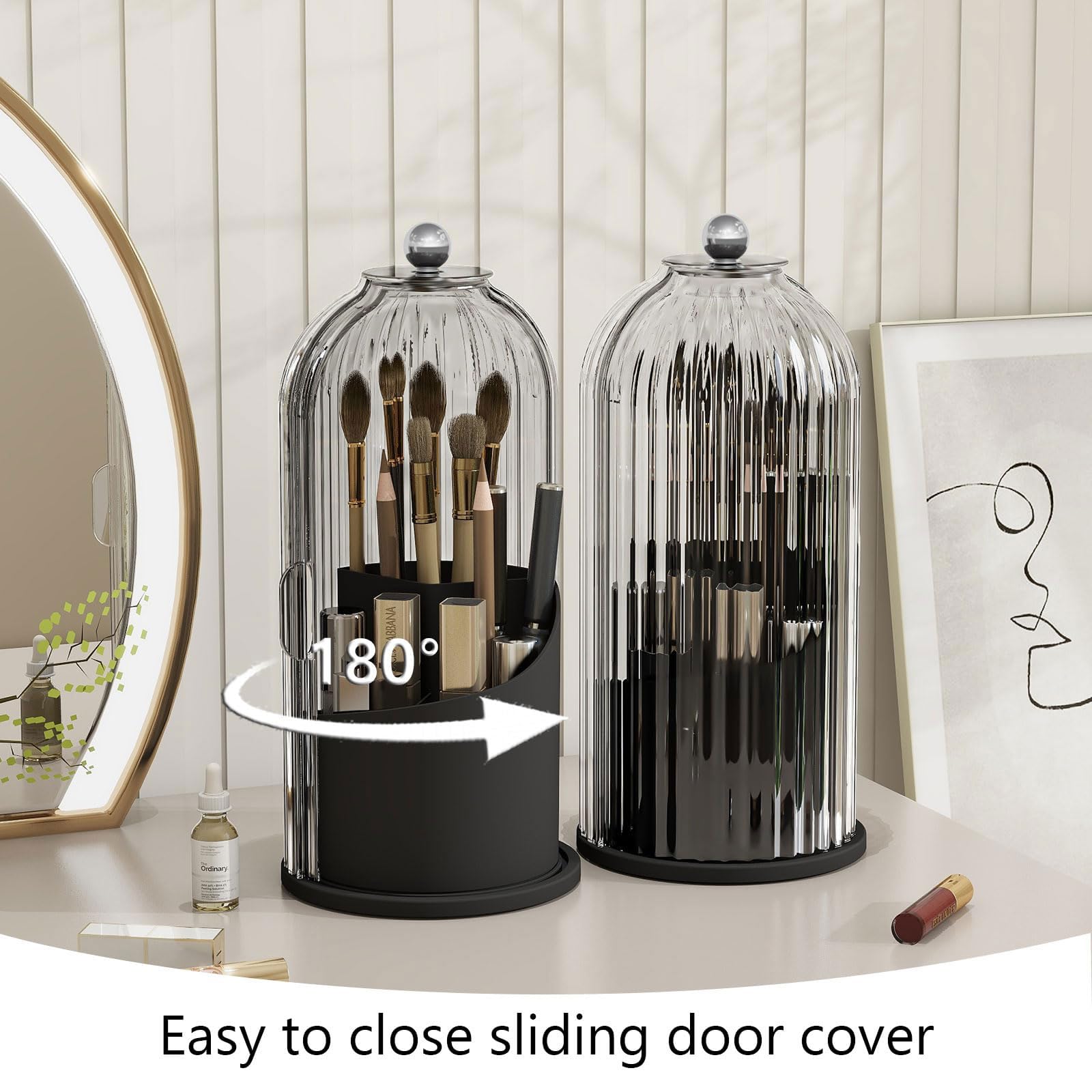 Emljkvp Makeup Brush Holder With Dustproof Cover 360 Rotating Makeup Brush Organizer For Vanity Bathroom, White/Black