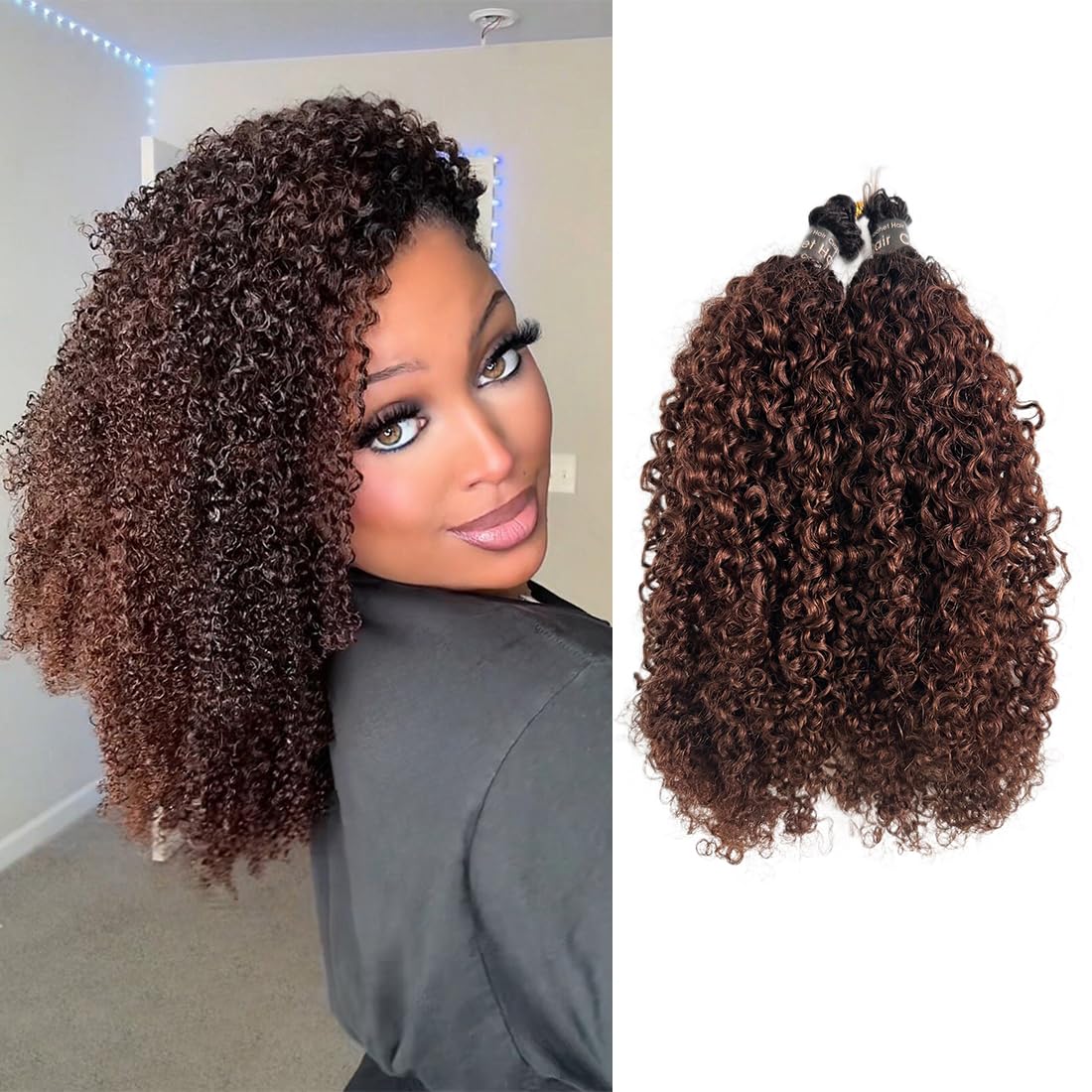 #T1B/4 Medium Brown Multi-Textured Kinky Curly Human Crochet Hair with Dark Roots Kinky Curly Feather Hair Extensions 16 Inch 12