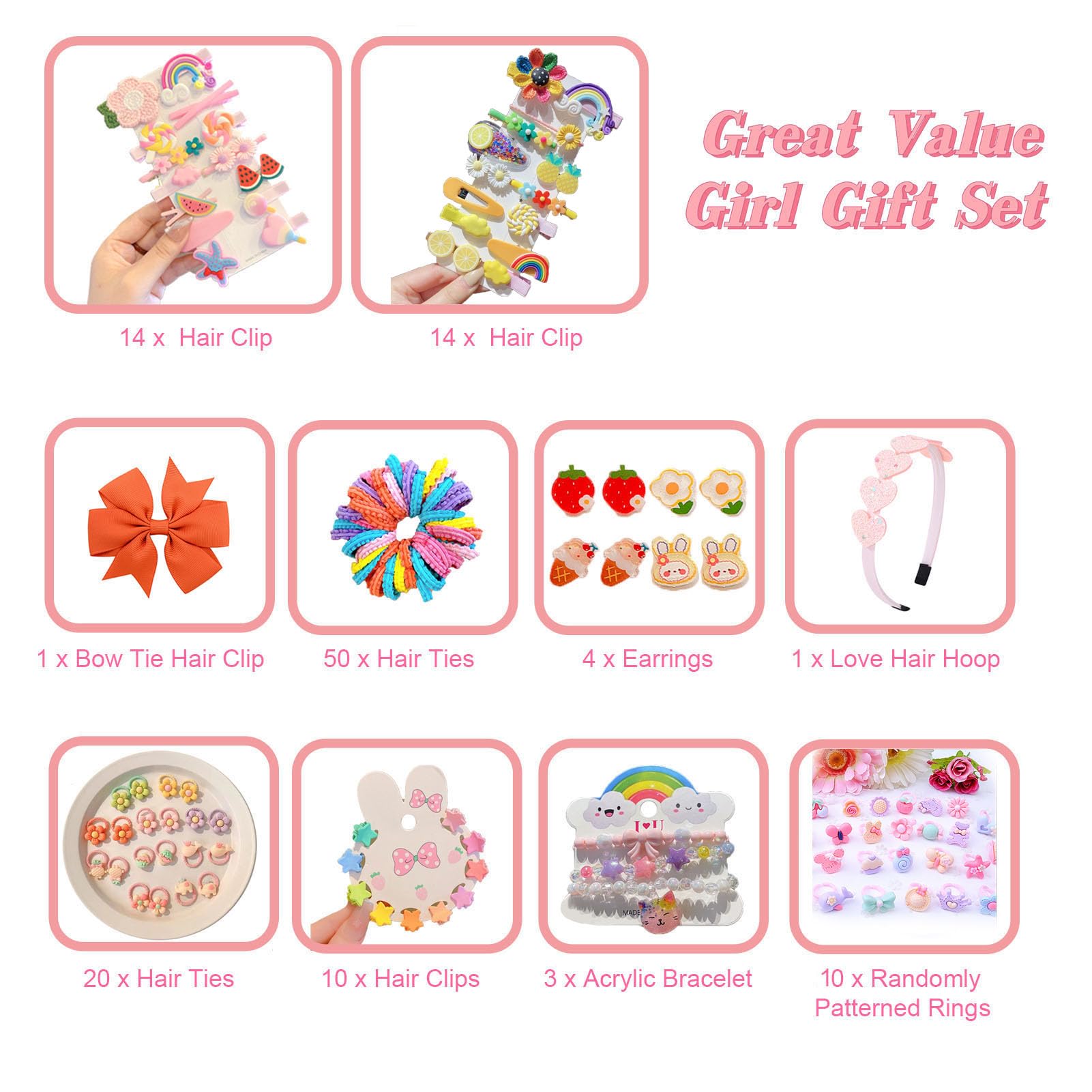 Jewelry Box With Hair Accessories For Girls, Hair Clips/Barrettes/Hair Ties/Bows/Toy Rings/Bracelets/Earrings/Hair Ropes/Hair El