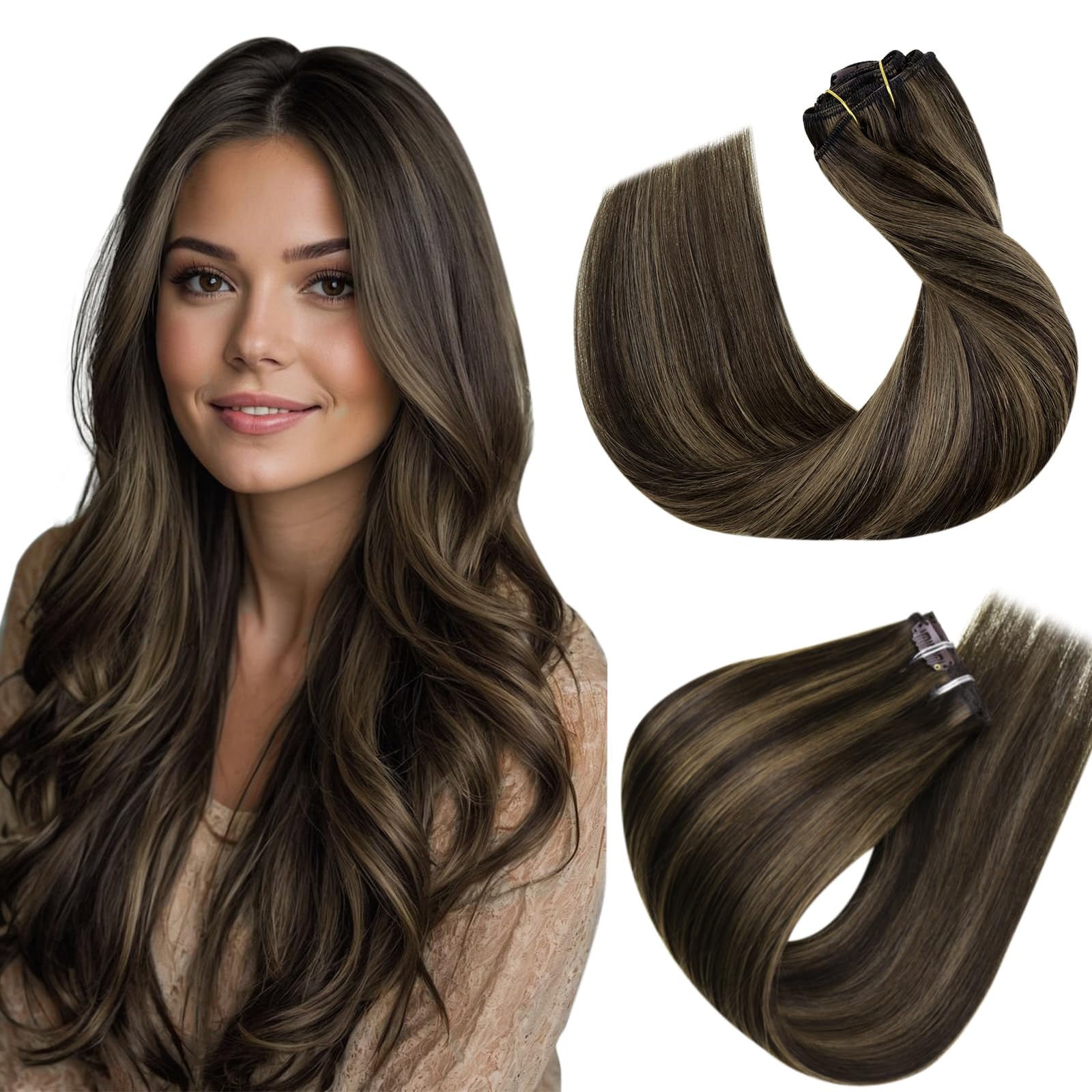 Hetto Clip in Hair Extensions Real Human Hair Brown Highlights Clip on Hair Extensions For Women Darkest Brown Mix Light Brown D