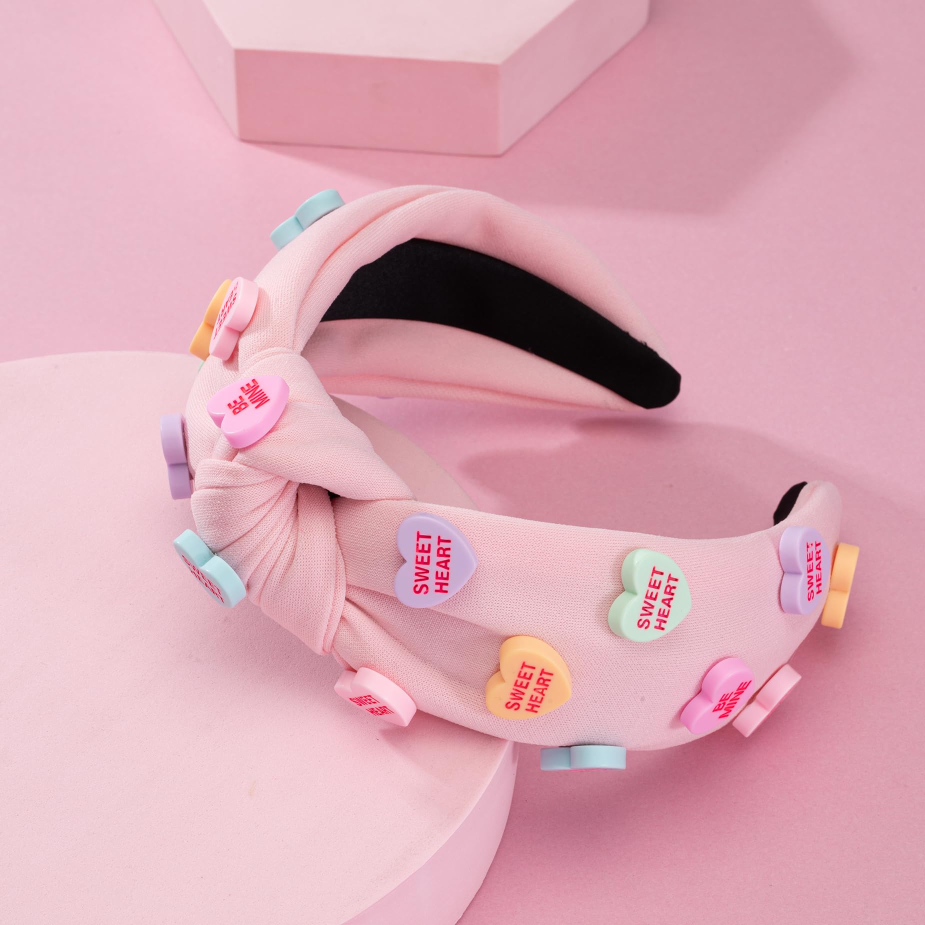 Valentine's Day Heart Candy Embellished Pink Headband Conversation Love Heart Charm Knotted Headband Non Slip Wide Top Knot Fash