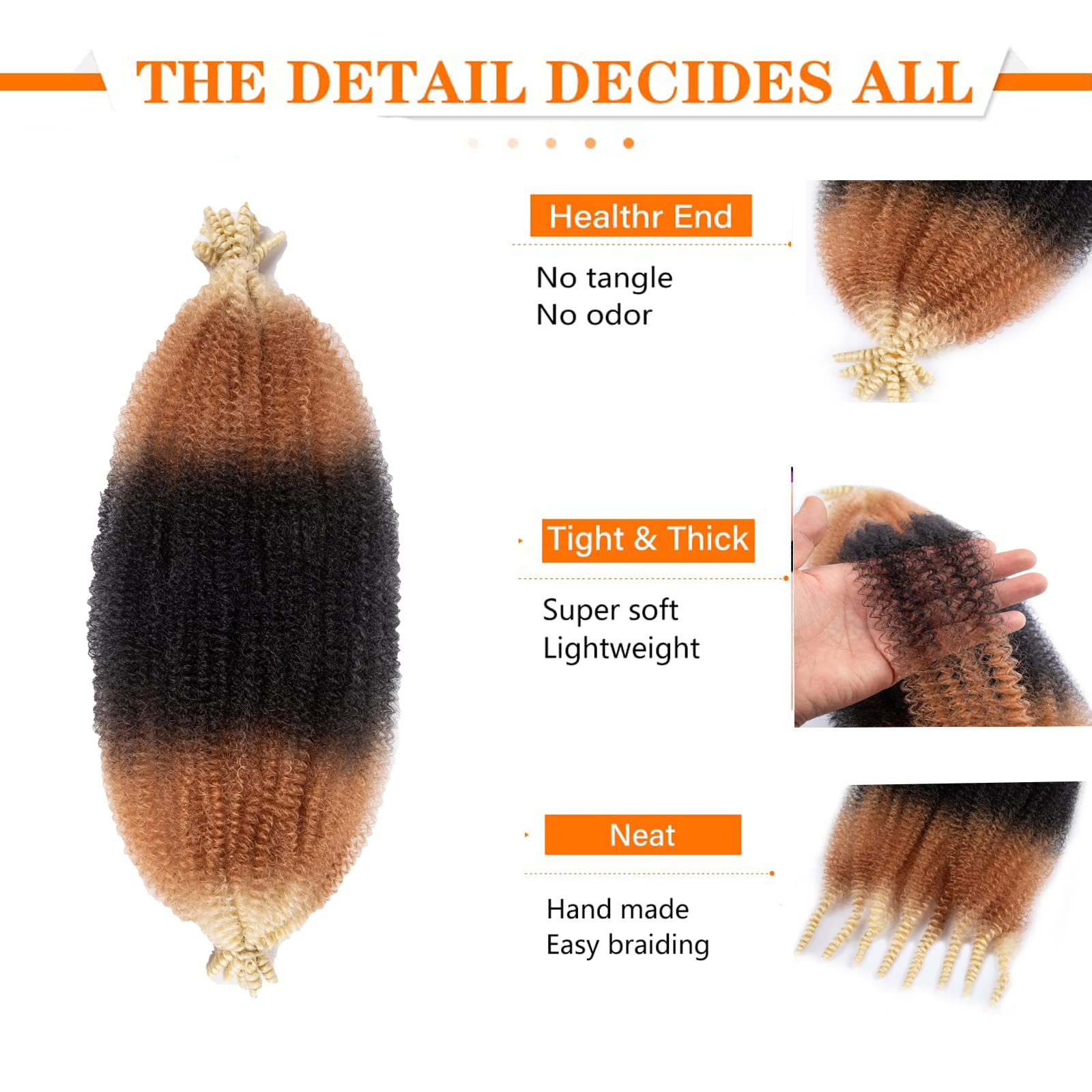 Blonde Brown Ombre 8 Packs Springy Afro Twist Hair 1B27613# 16 inch 3 Tones Pre-Separated Kinky Marley Twist Braiding Hair Soft