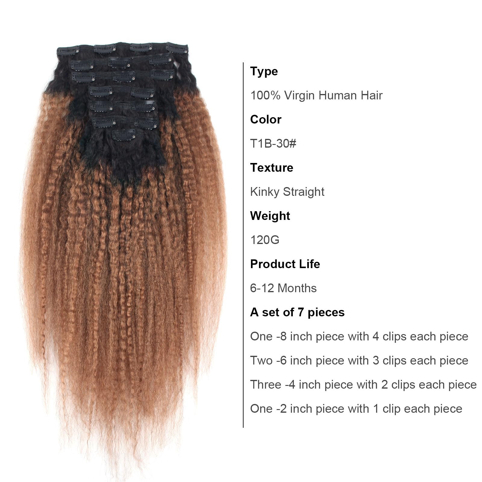 ABH AmazingBeauty Hair Kinkys Straight Ombre Clip-in Hair Extensions Double Weft Remy Human Hair for Black Women, Natural Black