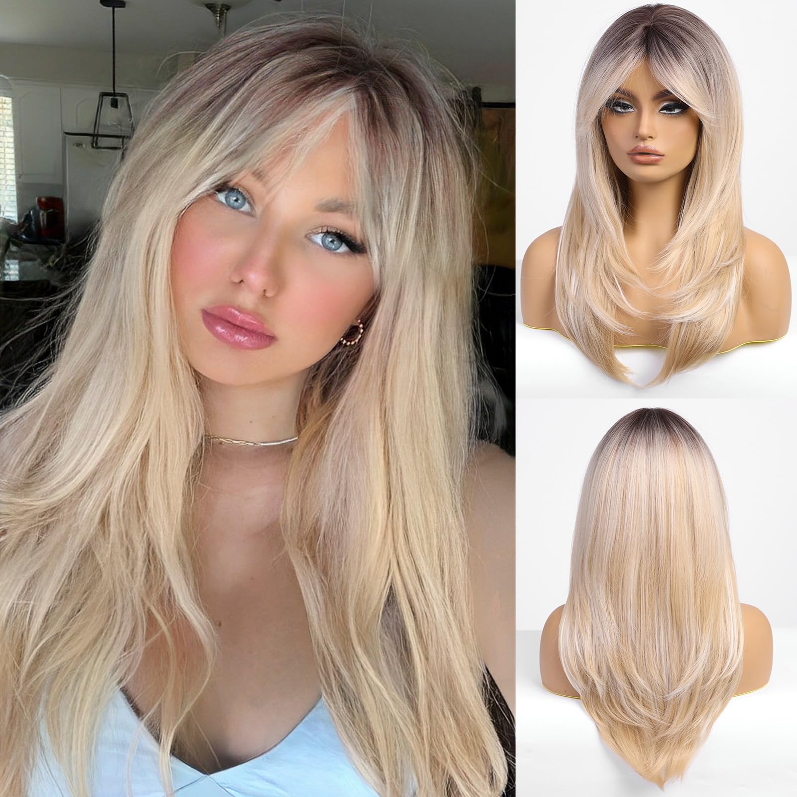 EMMOR Blonde Wigs for Women,Long Layered Wigs with Curtain Bangs Heat Resistant Synthetic Fibre Wigs(Ombre Blonde)