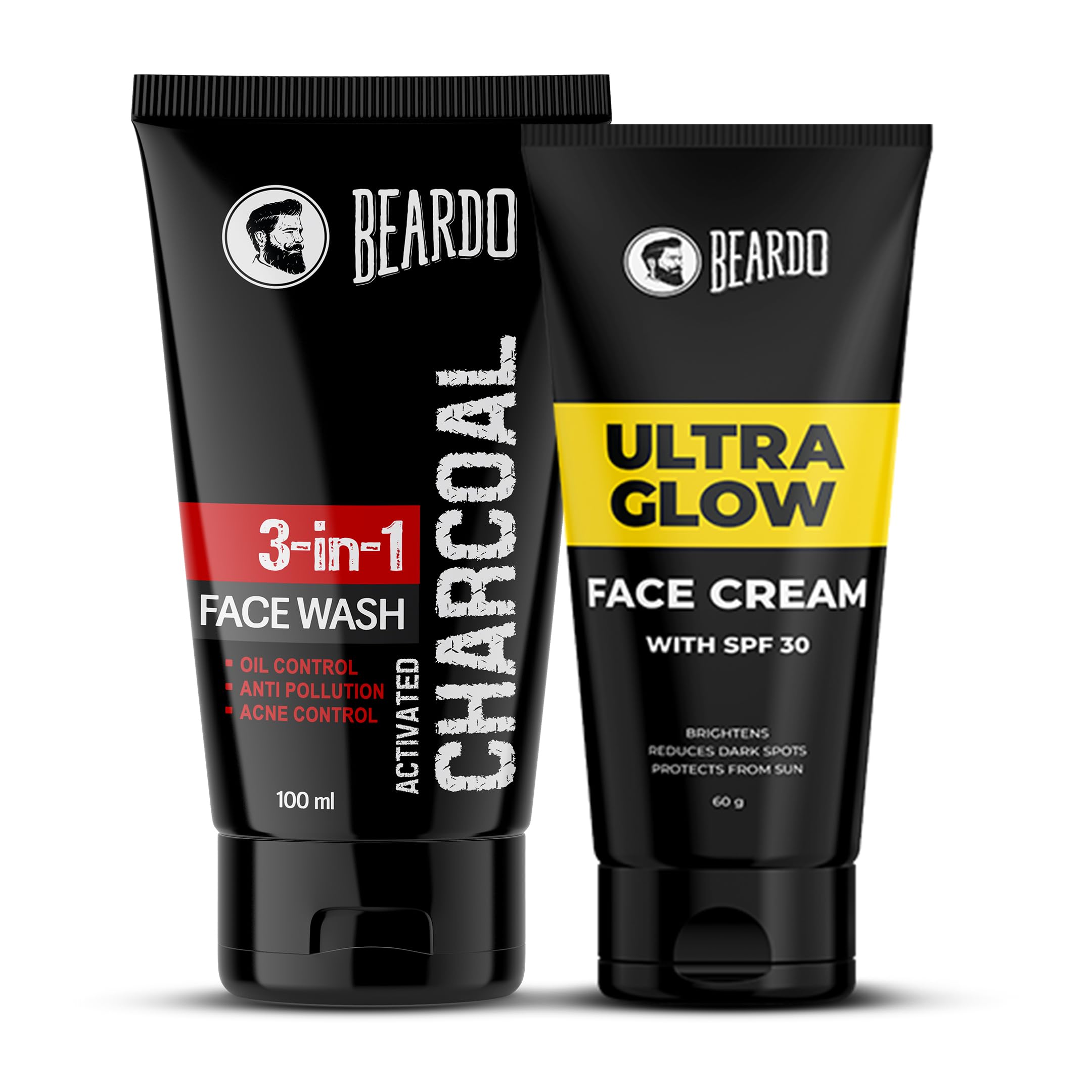 Beardo Activated Charcoal Face Wash, 100Ml And Beardo Ultraglow Face Cream Spf 30 For Men, 60G Combo