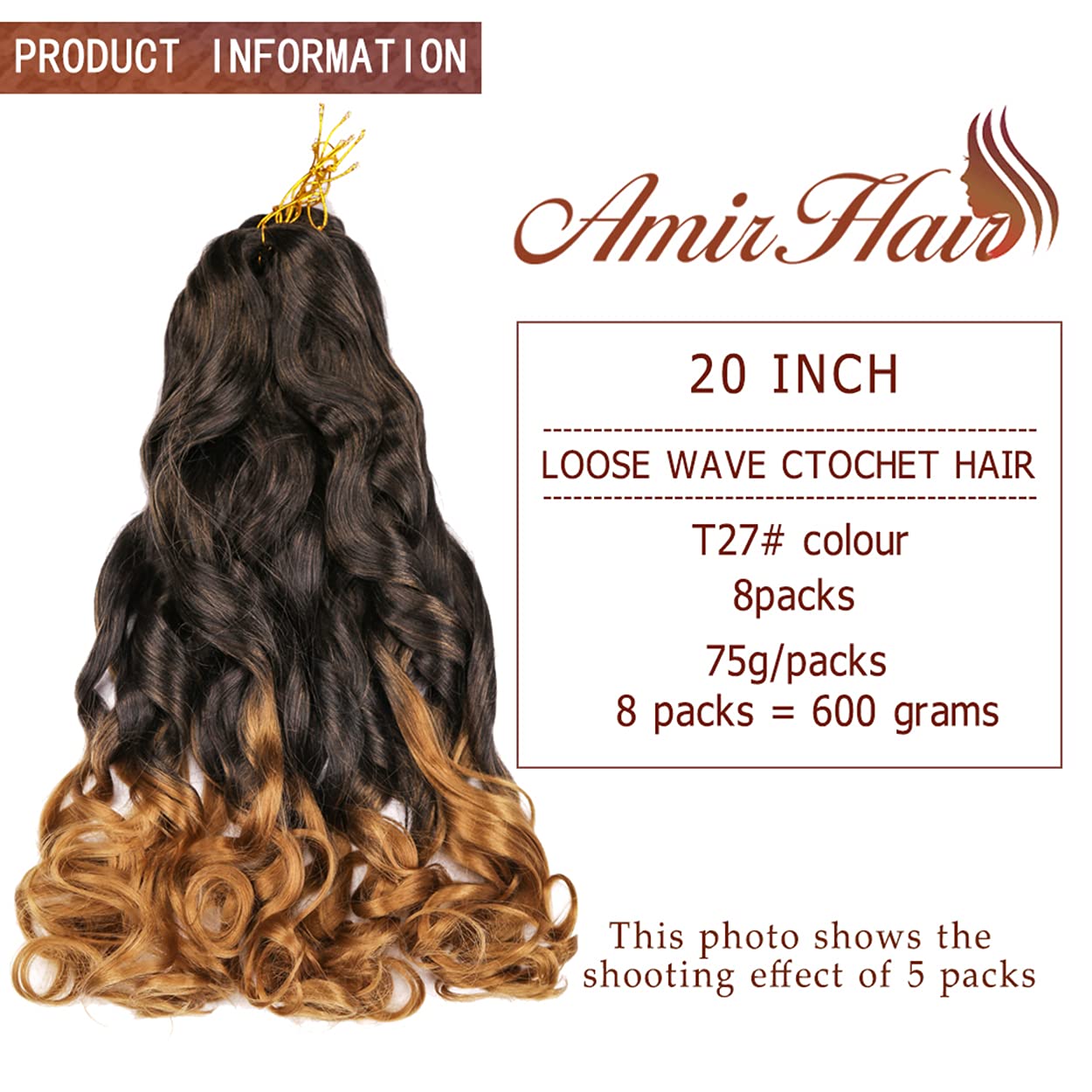 Amir Hair 8 Packs French Curly Braiding Hair 20 Inch Loose Wave Braiding Hair Pre Stretched Synthetic Hair Extensions (T27#)