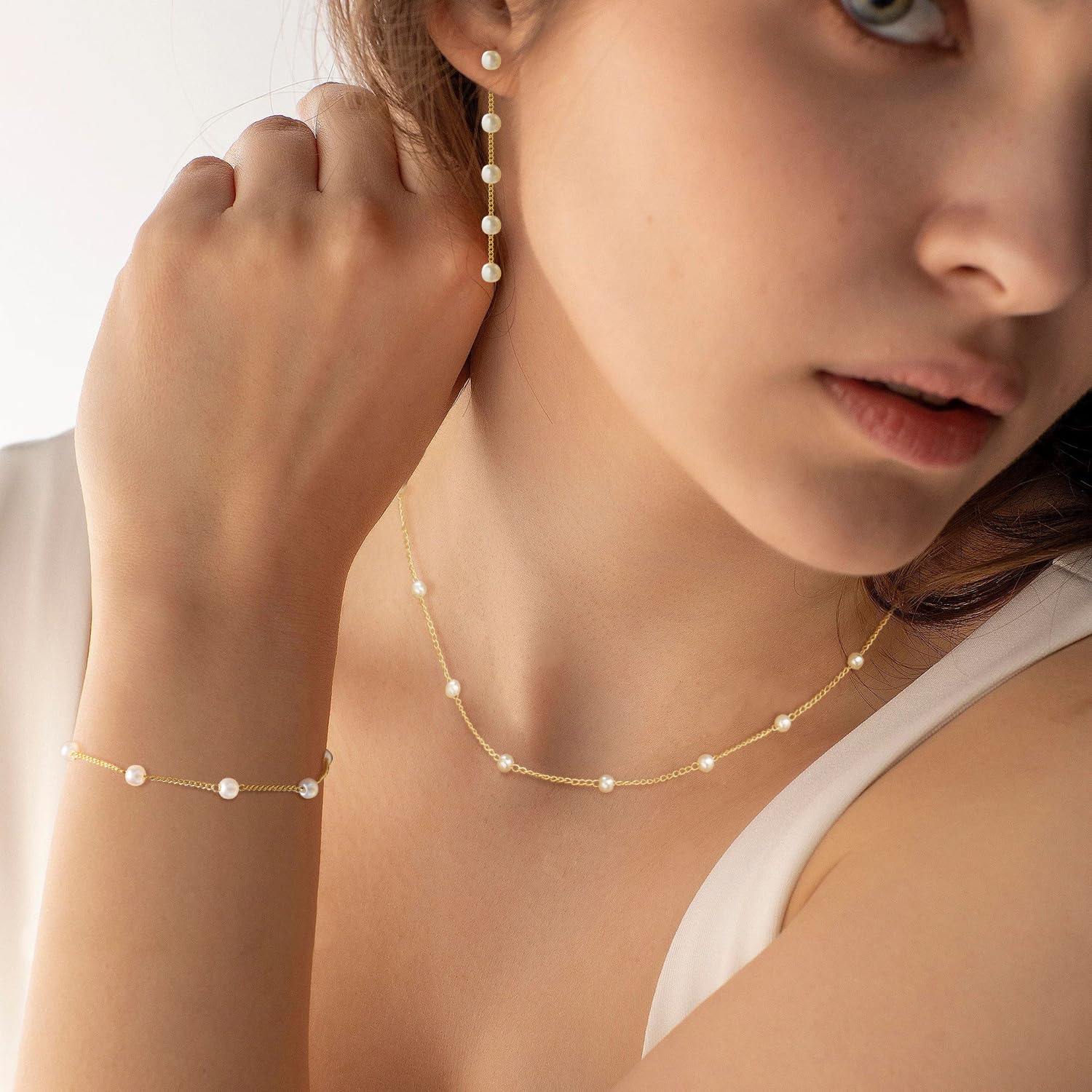 KXIEER Gold Jewelry Set for Women,Dainty 14K Gold Plated Pearl Necklace and Earring Set Pearl Drop Earrings Pearl Bracelets Pear