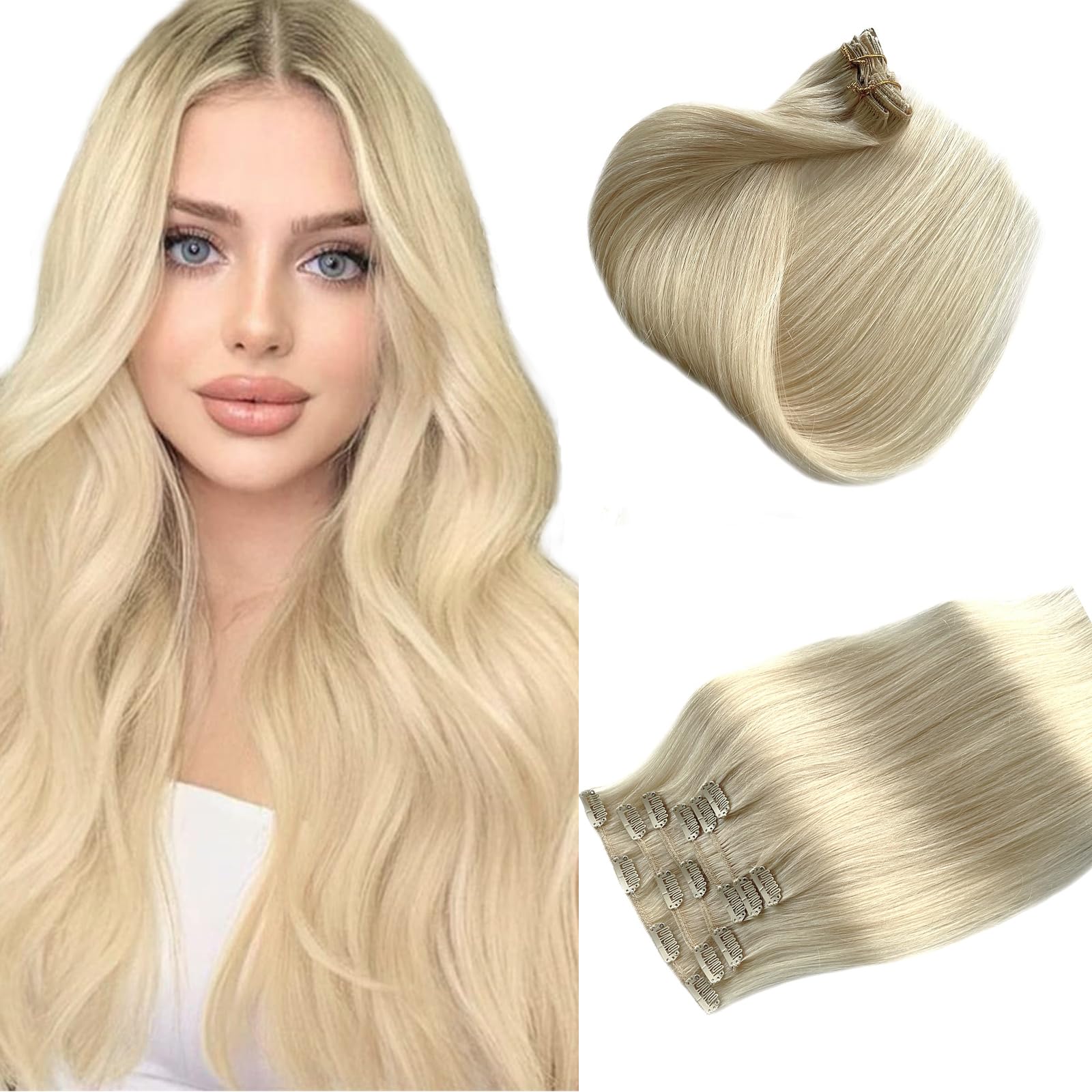 Clip In Hair Extensions Real Human Hair, 20Inch 70G, 613 Bleach Blonde, Clip In 100% Brazilian Remy Human Hair Extensions 7Pcs P