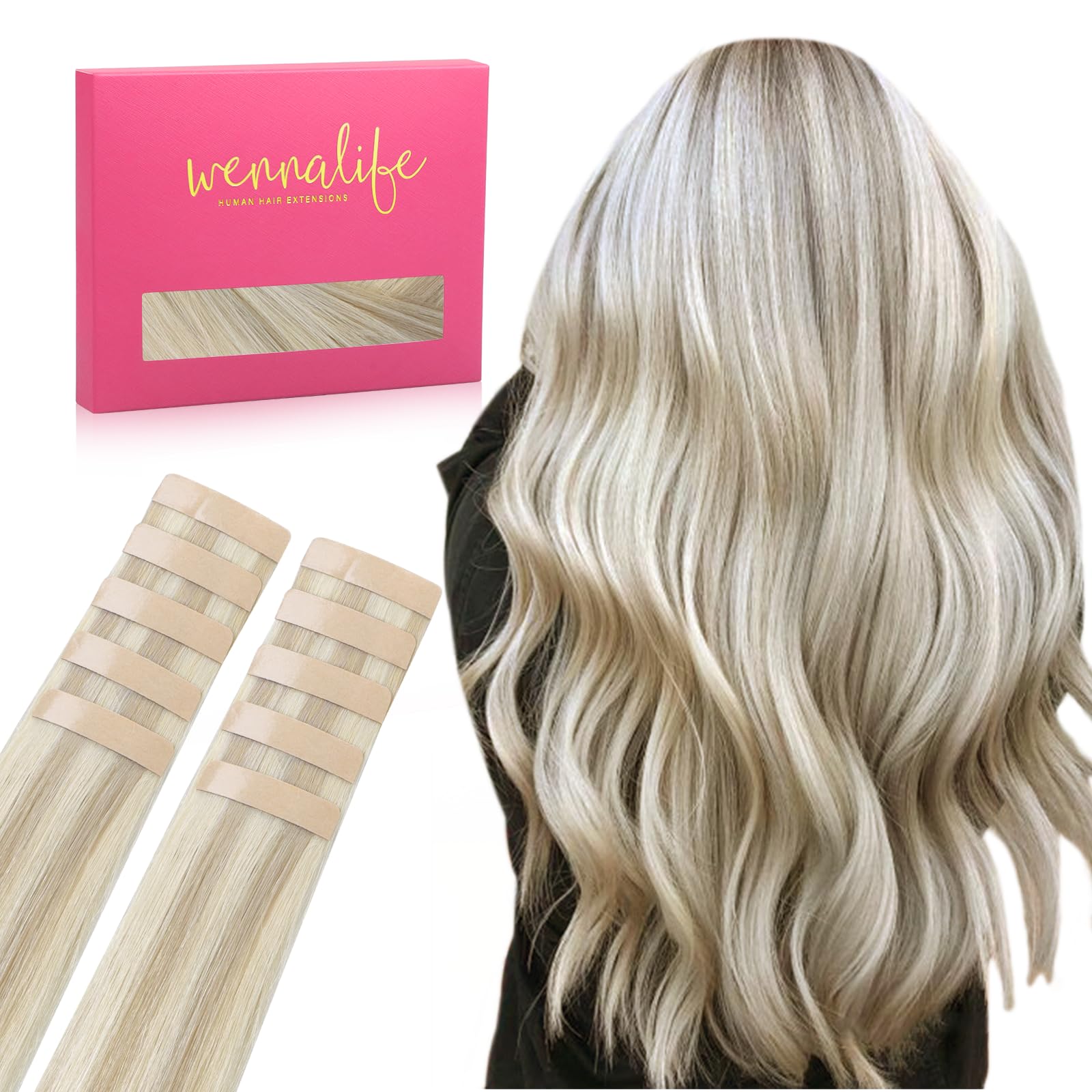 Wennalife Tape In Hair Extensions Human Hair Ash Blonde Highlighted Platinum Blonde Tape In Extensions, 10Pcs 30G 22 Inch Remy I