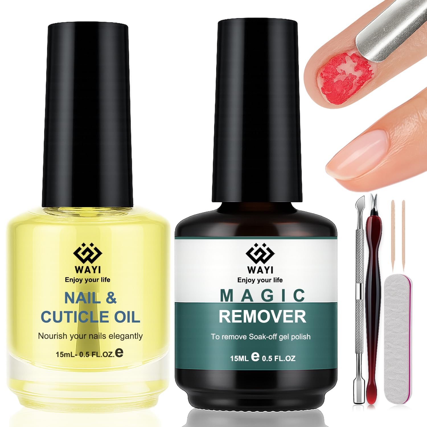 WAYI Gel Nail Polish Remover Kit - Magic Gel Remover + Nourishing Cuticle Oil + Nail Tools Set, Fast No Soak Gel Removal for Sal