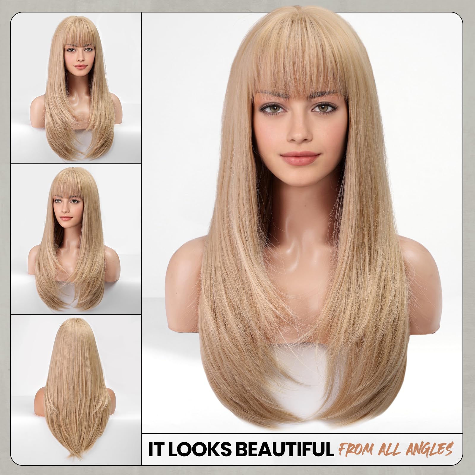 Emmor 613 Blonde Wig With Bangs For Women Long Straight Wigs Synthetic Layered Hairstyle For Girls Party Cosplay And Daily Use(2