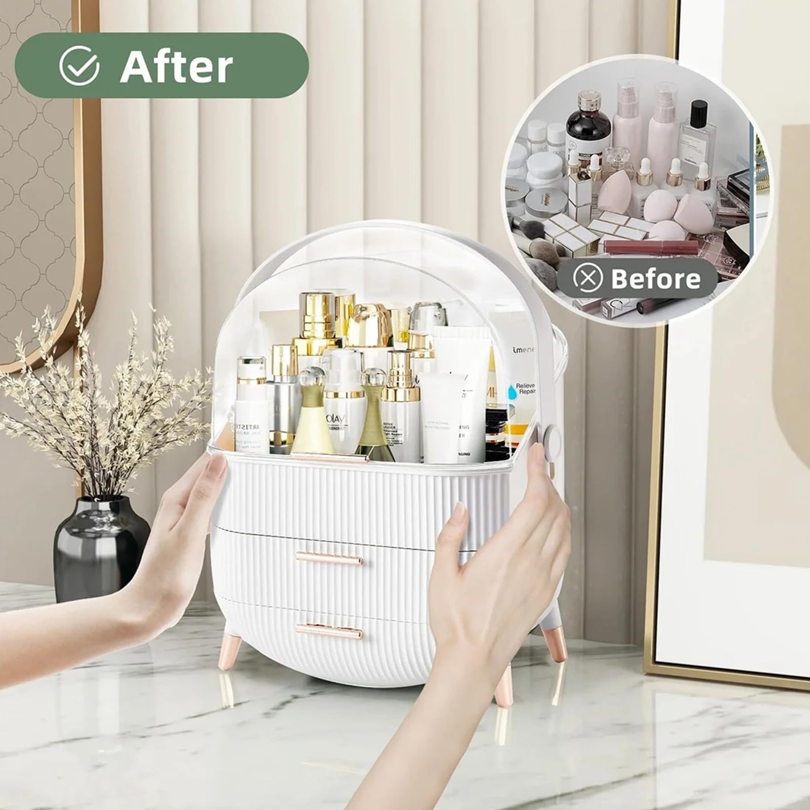 Rman Makeup Organizer For Vanity Make Up And Cosmetics Storage With Lid And Drawers Skincare Organizers Display Cases For Counte