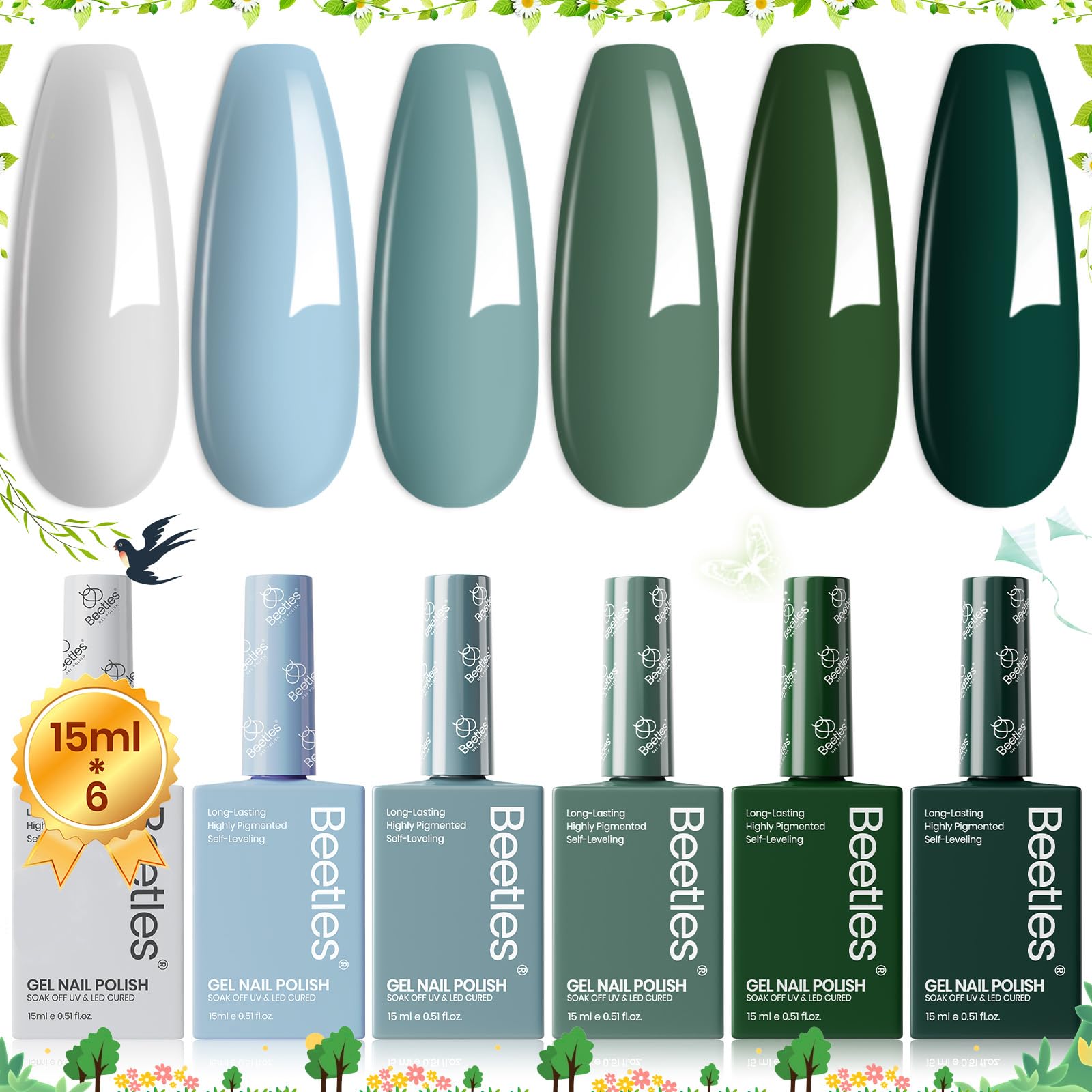 Beetles Spring Gel Nail Polish Set, 6 Colors Green Gel Nail Polish Kit Misty Gray Dark Green Baby Blue Nail Gel Polish Soak Off 