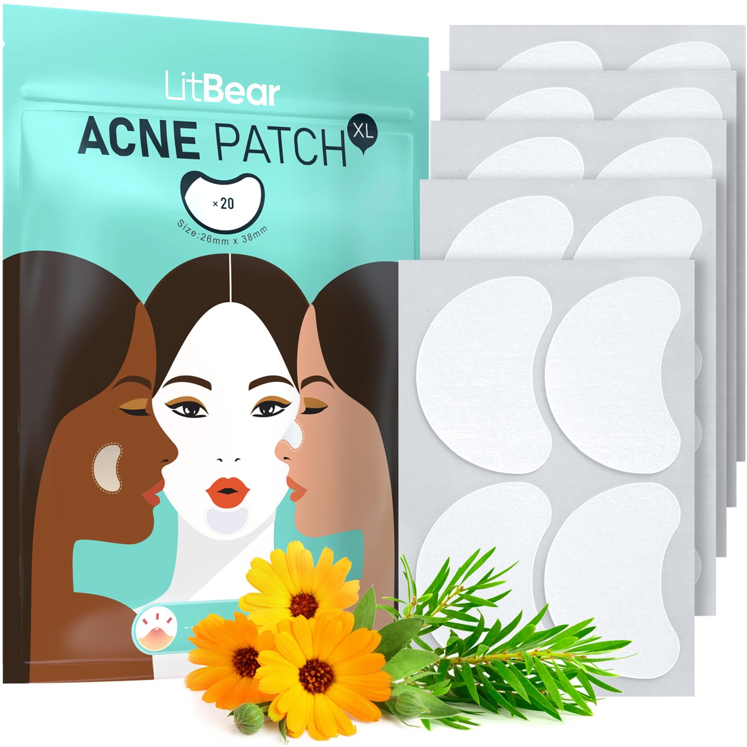 Litbear Acne Patches Large, Hydrocolloid Pimple Patches For Large Breakouts, Zit And Blemish, Large Acne Patches For Face, Chin,
