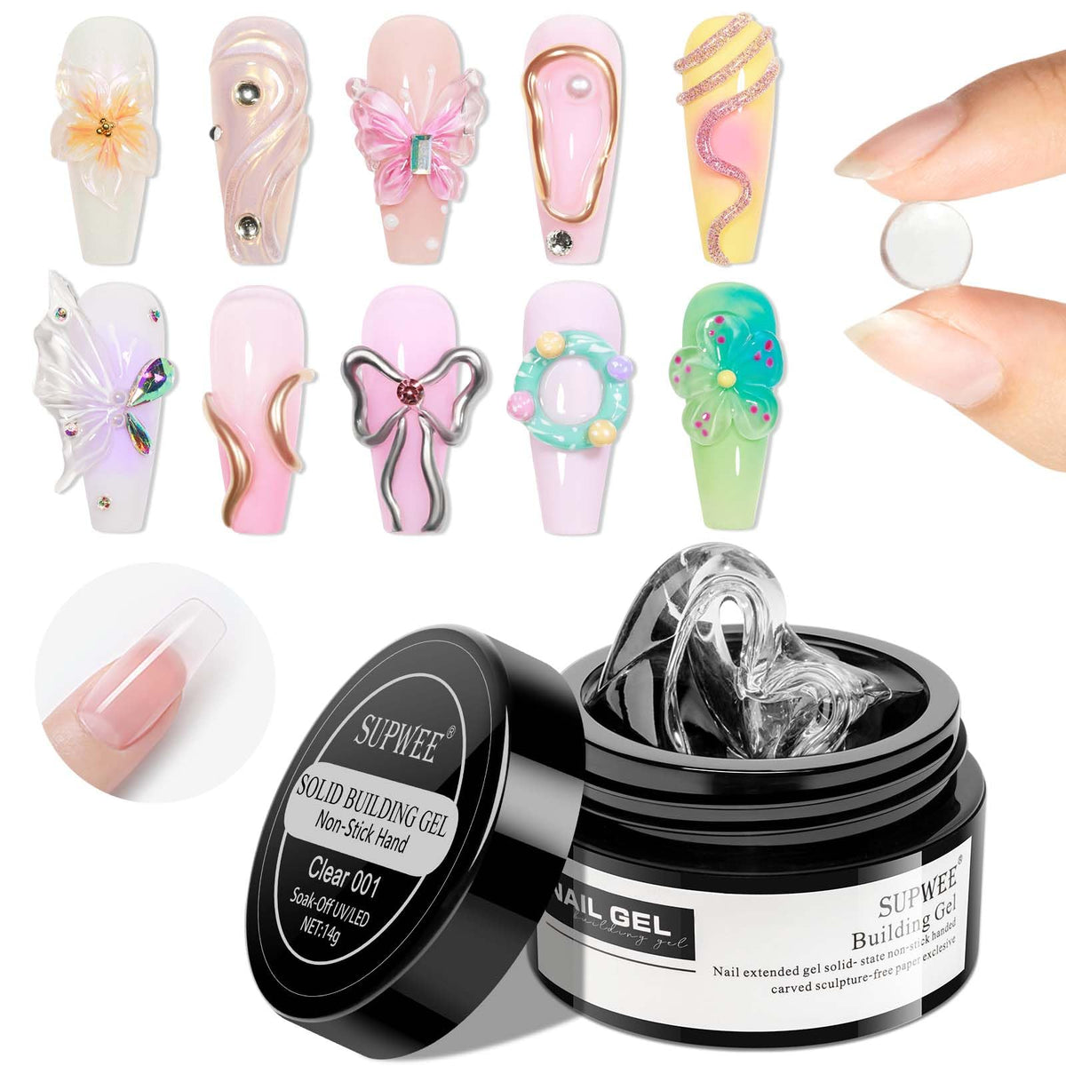 SUPWEE Solid Builder Gel for Nails - 3D Nail Art Gel Clear Non-Stick Hand Hard Gel for Carving Patterns Decoration Nail Art Embo