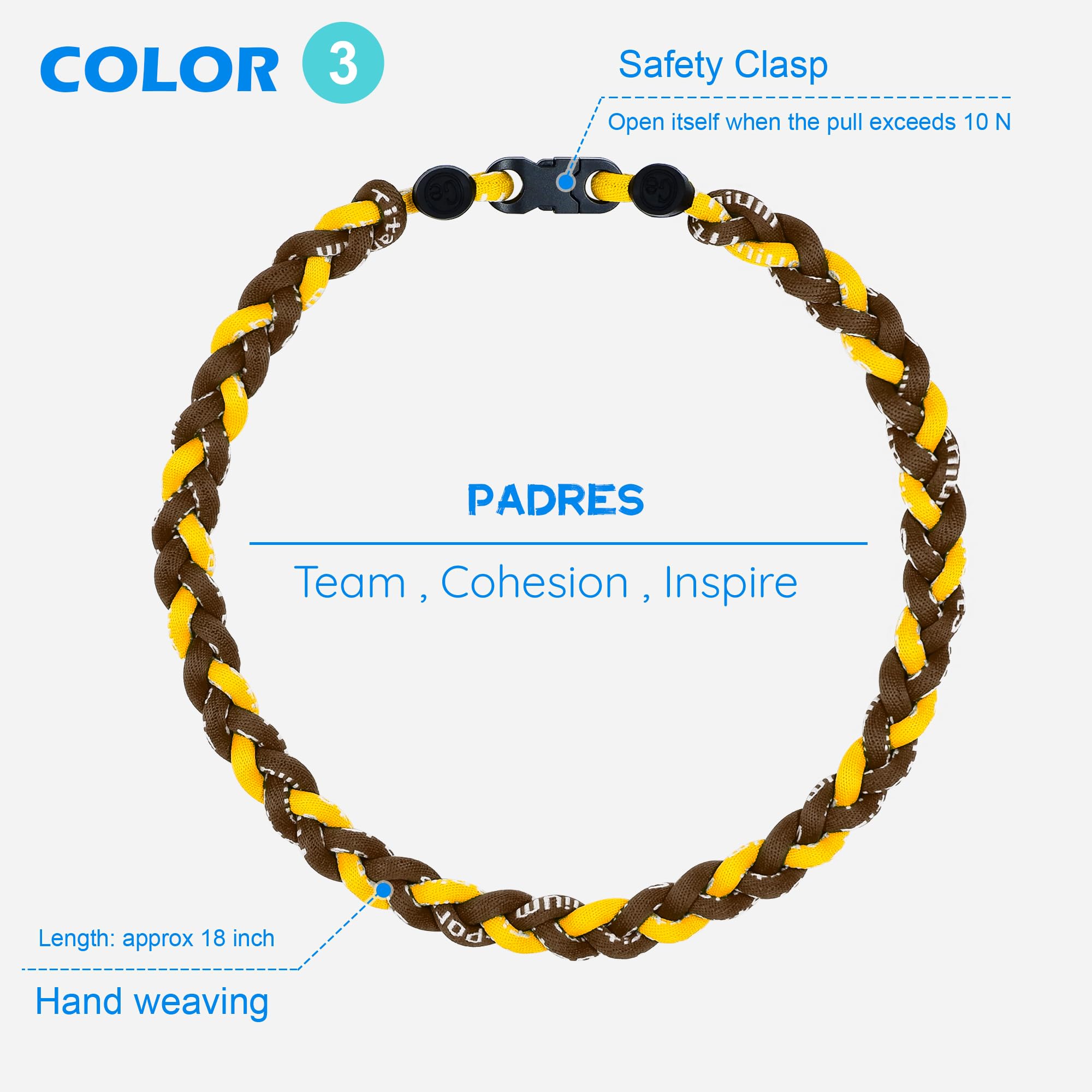 SUPBOMM 3 pcs Baseball Rope Necklaces, League Team Colors Braided Necklace, Baseball Team Gifts, Padres