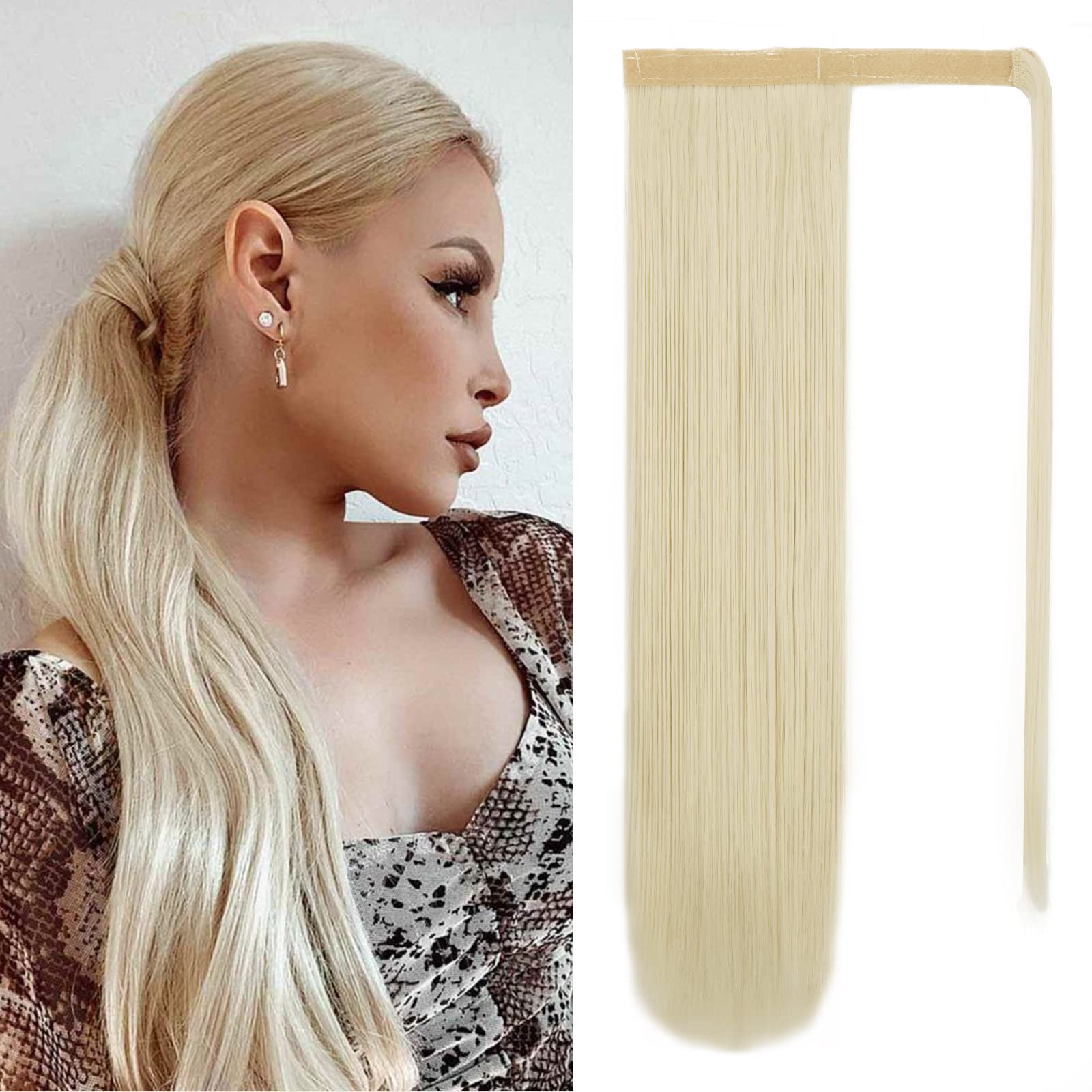 BARSDAR 20 Inch Blonde Ponytail Extension Long Straight Wrap Around Clip in Ponytail Hair Extensions Synthetic Hair Pony Tails H
