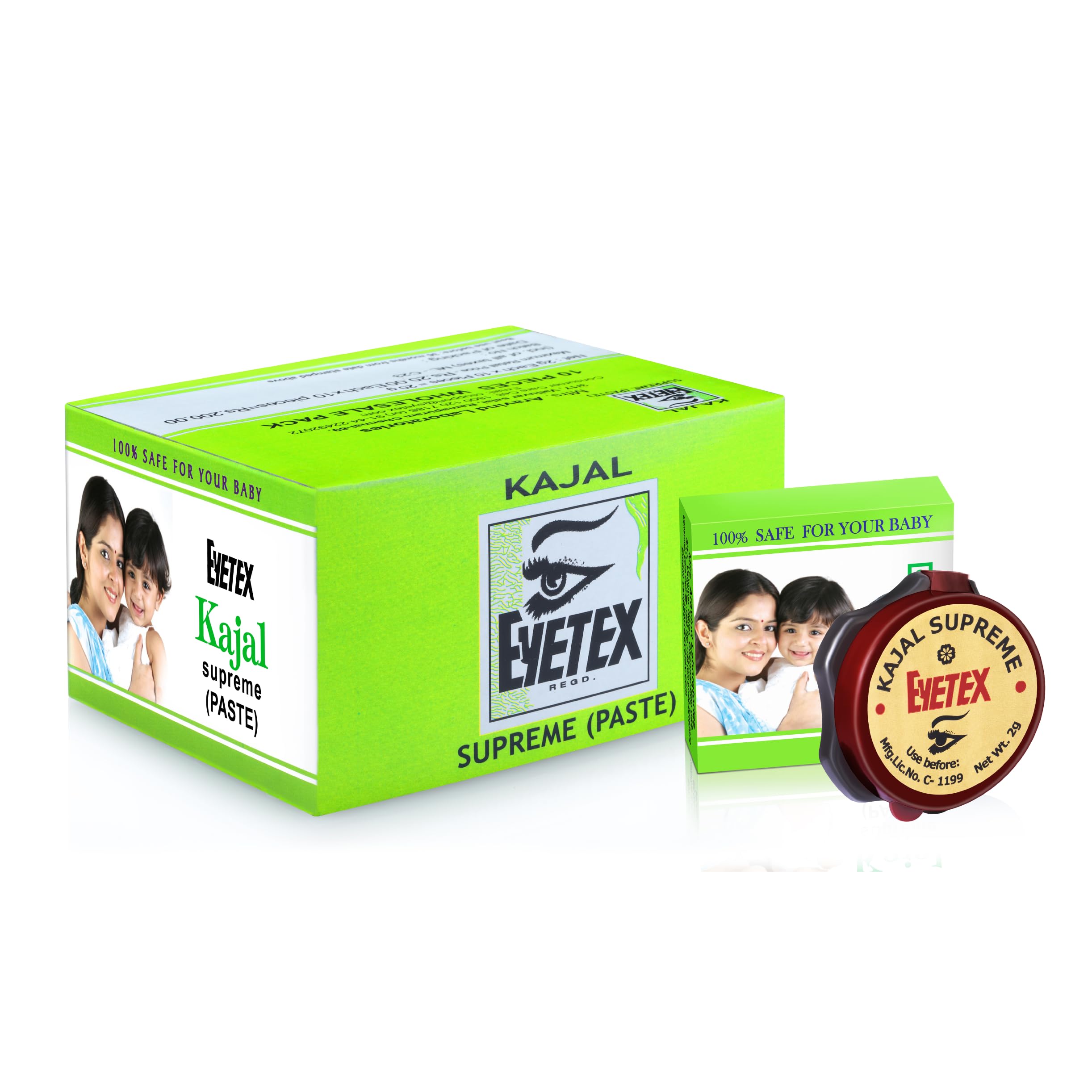 Eyetex Kajal Supreme Paste, Black, Pack Of 10, Baby-Safe, All Natural Kajal, Skin-Friendly, Cooling Effect On Eyes, Popular For