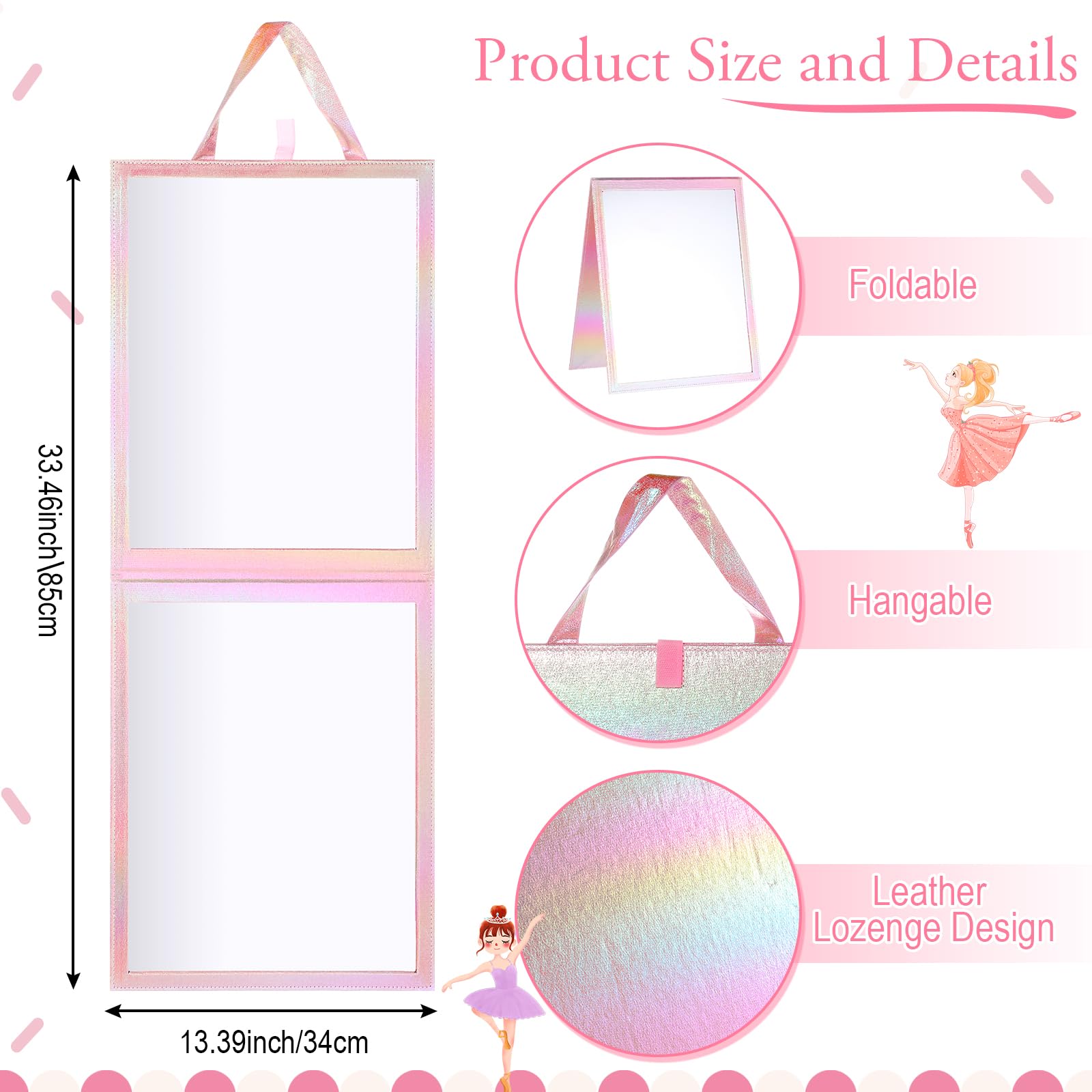 Chunful Foldable Backstage Mirror with Handle Holographic 33.5 X 13.4 Inch Folding Hanging Mirror Rectangular for Travel Dance B