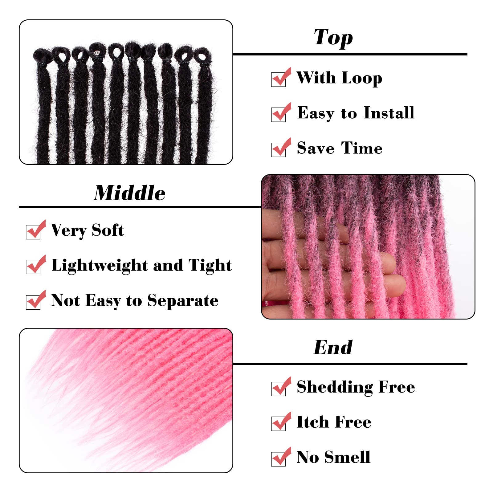 Leeven Synthetic Dreadlock Extensions, 24 Inch Ombre Pink, 20 Strands, Handmade Locs for Reggae Style Hair, 0.6 cm Width
